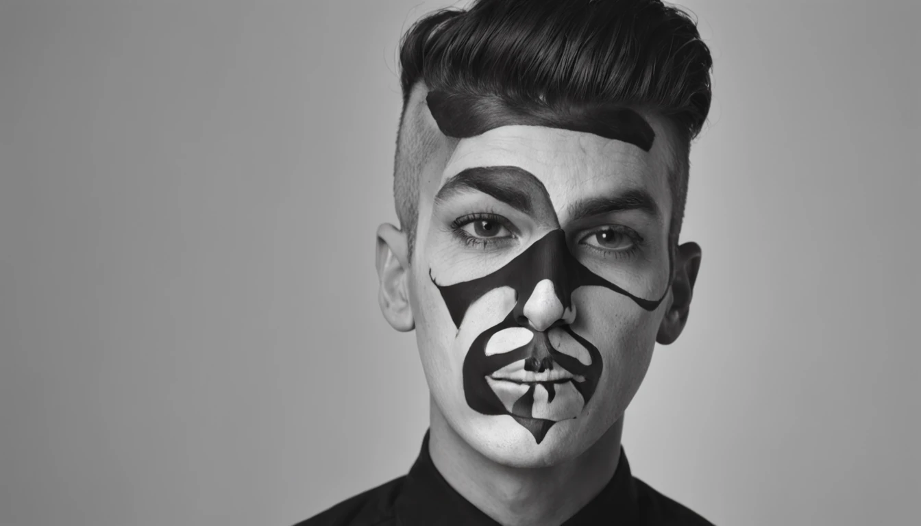 Create an portrait with two distinct halves, separated by an invisible vertical dividing line in the middle. A single face in the middle separated into two halves of a serius man face on one side and a clown on the other.