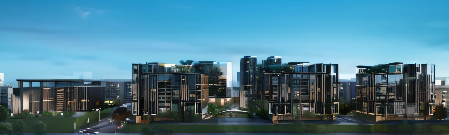 Realistic digital rendering of a modern urban residential area designed by renowned architectural firms such as SOM and OMA. The complex features pedestrian streets and exquisite shops, with modern architectural facades creating a sleek and sophisticated environment. The use of three-dimensional corridors and glass curtain wall towers adds to the overall futuristic feel of the scene, while realistic lighting and three-dimensional greenery create a sense of depth and vibrancy. The street planting is exquisitely detailed, adding a touch of natural beauty to the urban space. Rendered in high definition quality using 3D rendering software, the image is a breathtaking piece of urban design,