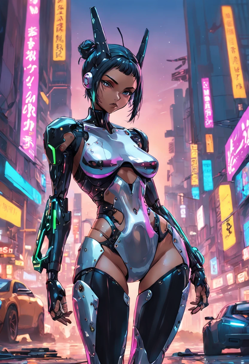 Cyberpunk woman + gta5 + The gang of epic Looney Tunes incredibly detailed cyberpunk robotic chrome tight outfit, fighting a bad cyberpunk man, in a dynamic pose, highly detailed futuristic with many studded textures