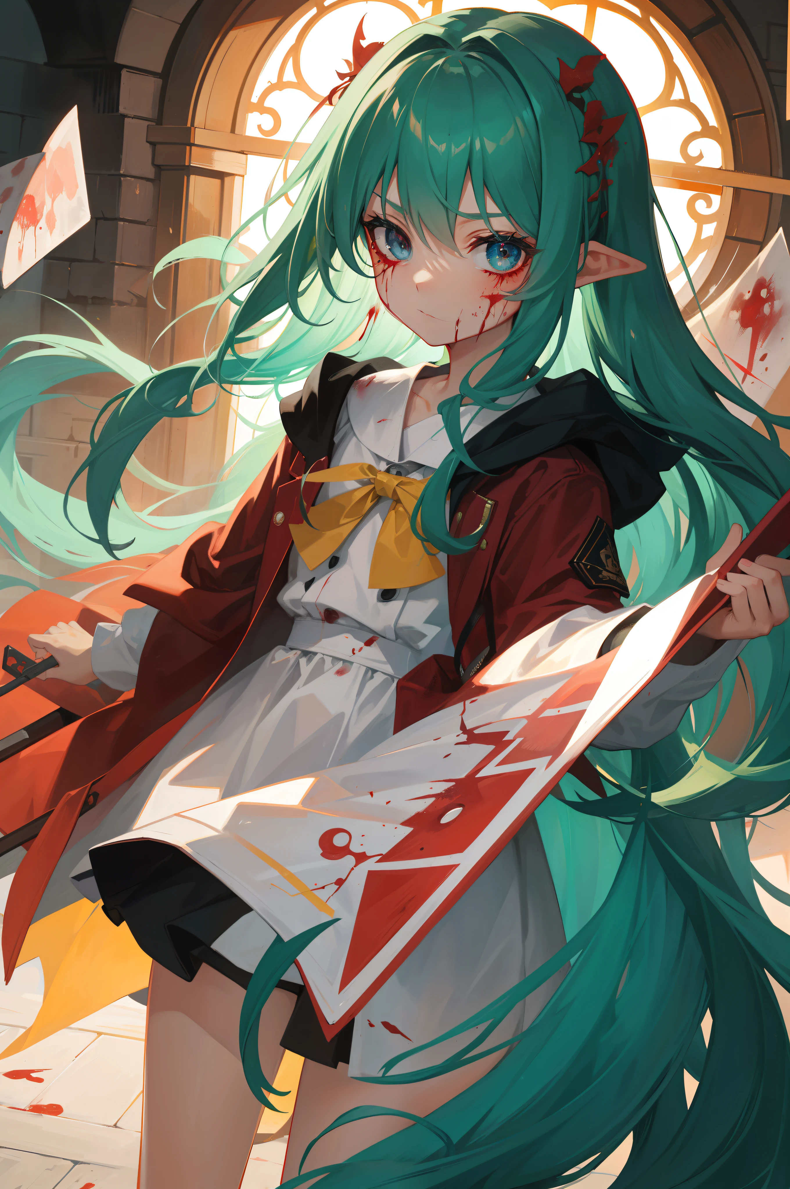 Red left eye，face with blood stains