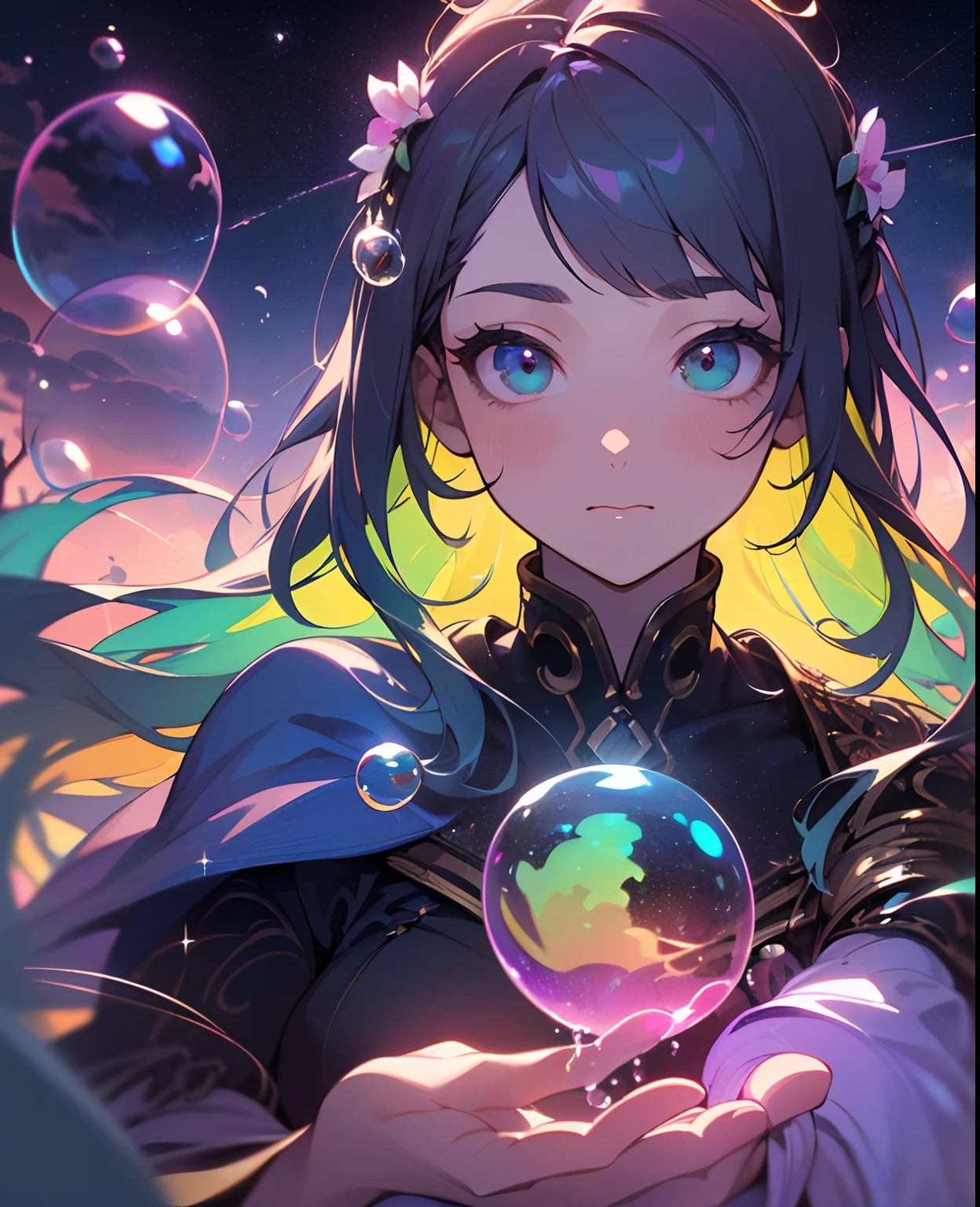 (Masterpiece), (Best Quality), (Official Art, Highly Detailed CG Unity 8k Wallpaper), (Very Detailed), (((Absurd)), 1 Girl, Midshot, (Exquisite Facial Features), (Serafuk: 1.3) ((SFW)), ((Clean Hands)), (White Neeso without shoes)), Aqua Eye, Colored Contact Lenses, Stars in the Eyes, (((((Colorful Bubbles)))), Colorful Glass, (Album cover) Vast landscape photo, (sky up, field below), girl standing in a flower field and looking up, (full moon: 1.2), (meteor: 0.9), (nebula: 1.3), distant mountains, trees BREAK craft art, (warm light: 1.2), (fireflies: 1.2), lights, lots of purple and orange, intricate details, voluminous lighting, realism BREAK (masterpiece (Best Quality), 4k, Ultra Detail, (Dynamic Composition: 1.4), Very Detailed, Colorful Details, (Rainbow Color: 1.2), (Glow Lighting, Atmospheric Lighting), Dreamy, Magical, (Solo: 1.2)