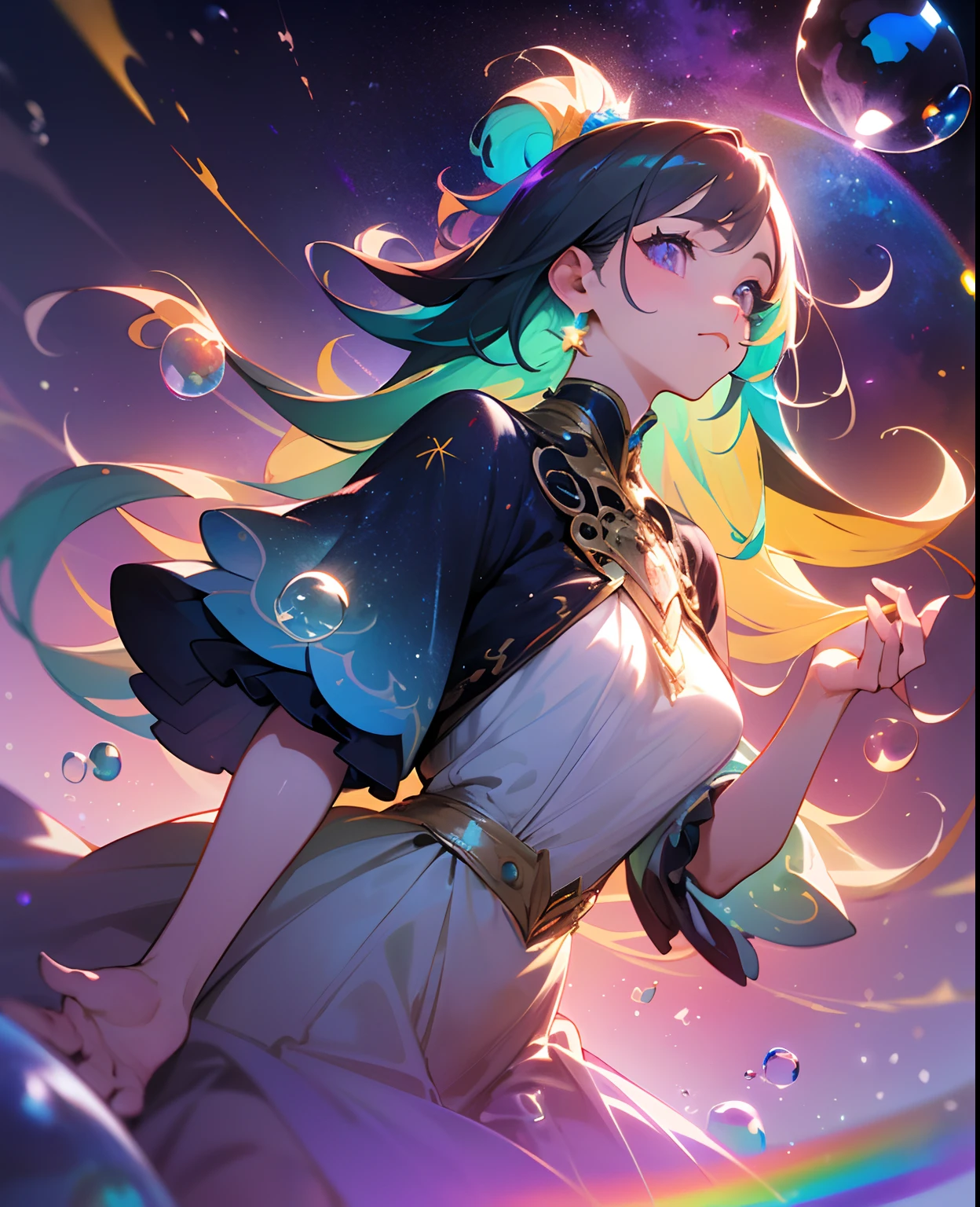 (Masterpiece), (Best Quality), (Official Art, Highly Detailed CG Unity 8k Wallpaper), (Very Detailed), (((Absurd)), 1 Girl, Midshot, (Exquisite Facial Features), (Serafuk: 1.3) ((SFW)), ((Clean Hands)), (White Neeso without shoes)), Aqua Eye, Colored Contact Lenses, Stars in the Eyes, (((((Colorful Bubbles)))), Colorful Glass, (Album cover) Vast landscape photo, (sky up, field below), girl standing in a flower field and looking up, (full moon: 1.2), (meteor: 0.9), (nebula: 1.3), distant mountains, trees BREAK craft art, (warm light: 1.2), (fireflies: 1.2), lights, lots of purple and orange, intricate details, voluminous lighting, realism BREAK (masterpiece (Best Quality), 4k, Ultra Detail, (Dynamic Composition: 1.4), Very Detailed, Colorful Details, (Rainbow Color: 1.2), (Glow Lighting, Atmospheric Lighting), Dreamy, Magical, (Solo: 1.2)