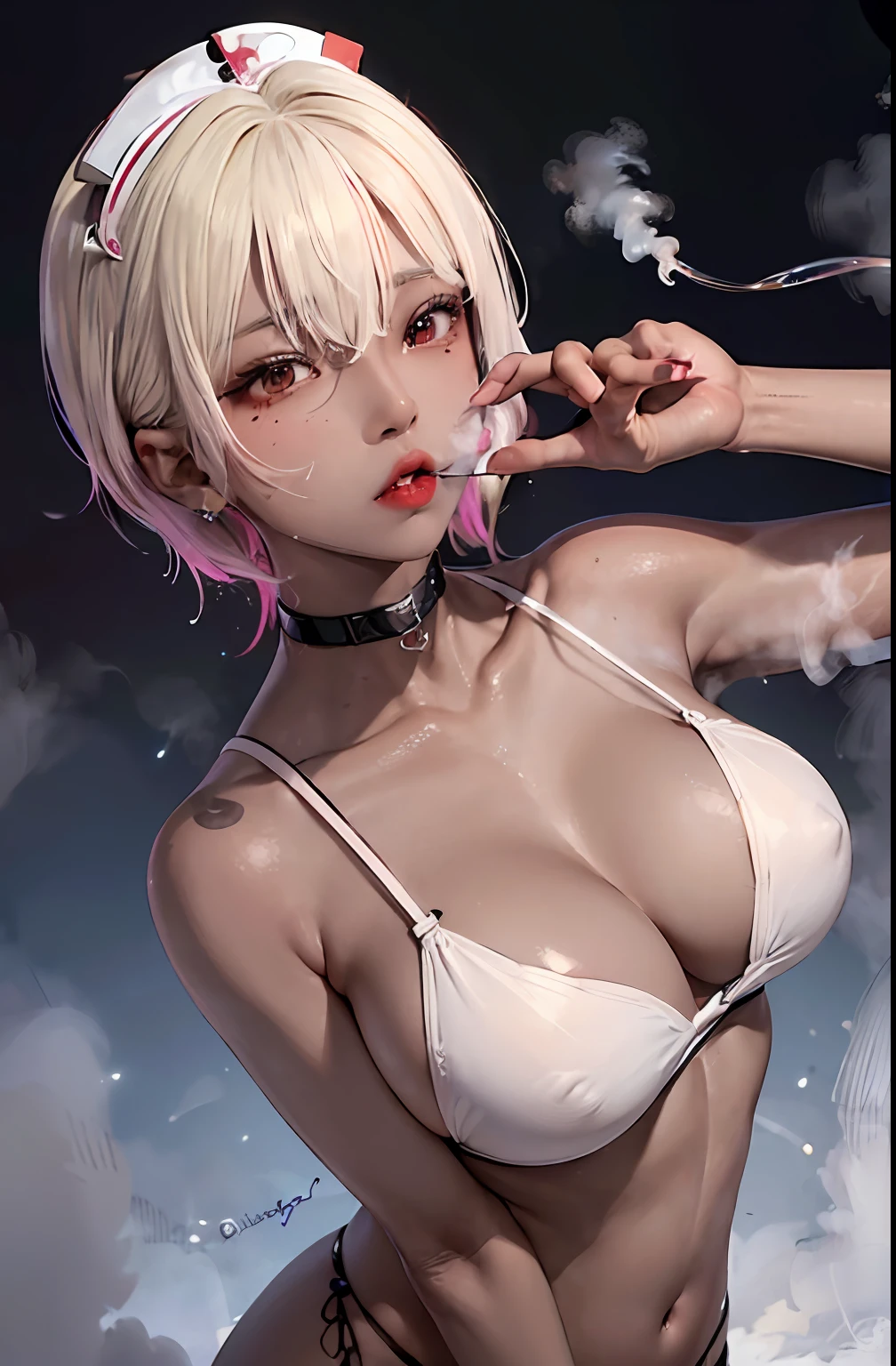 Best Quality, (masutepiece:1.2), Highly detailed, 1girl in, Solo, Looking at the viewer, (Upper body:1.2), Erotica、of the highest quality, Incredibly beautiful, very delicate 8k wallpaper, Transcendently Beautiful Girl, Masterpiece face, (Eyes of a masterpiece:1.5), (pixie cut hair:1.3), (Multicolored blonde hair, Short shaving surface, very short back, Very short side, Undercut, sidecut:1.3), (long eyelashes, Red lips), (deep skin, Dark skin:1.7), pink lipsticks, eyeshadows, Bare_Legs, Choker, Piercing, (Wearing fishnet stockings:1.2), (Enamel Dark Nurse、)), ((White erotic nurse clothes:1.1), half undress, Nurse clothes with open chest, (Five Fingers, 4fingers and 1thumb),(((Wet))), (((Sweat))), (((steam)))、Hair over one eye、agitation、