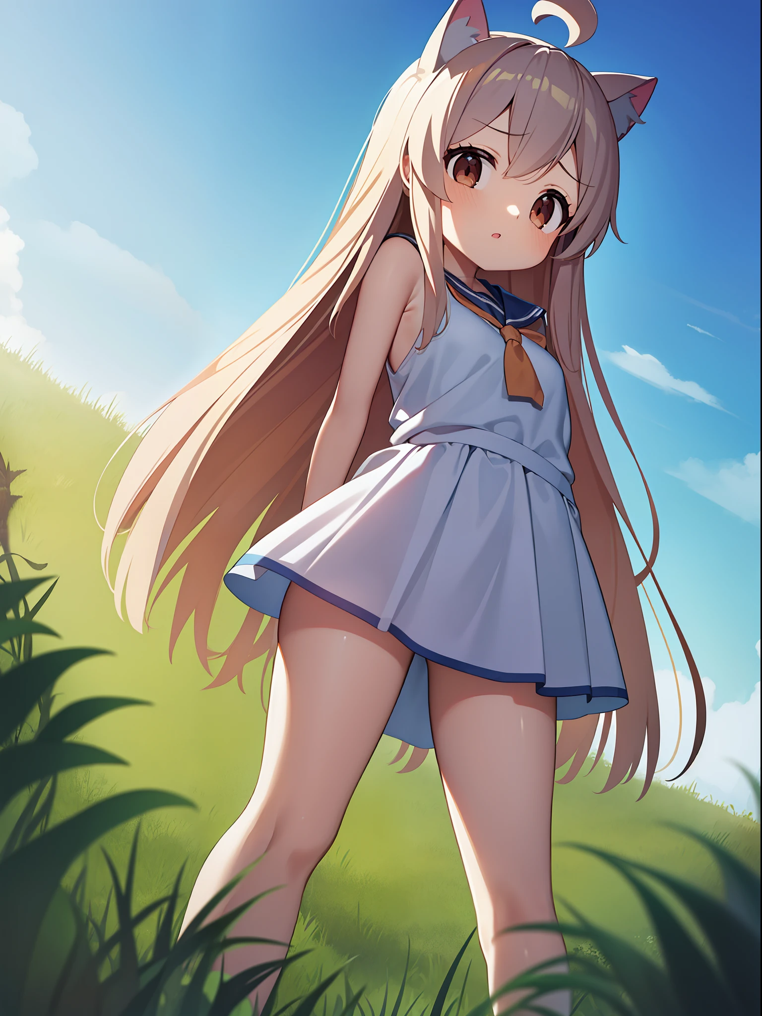 masterpiece,best quality,official art,extremely detailed CG unity 8k wallpaper, in a meadow, beautiful detailed sky, incredibly_absurdres, girl, brown eyes, small breasts, sailor suite, no legwear, arms behind back ,pink cat ears,oyamamahiro,loli