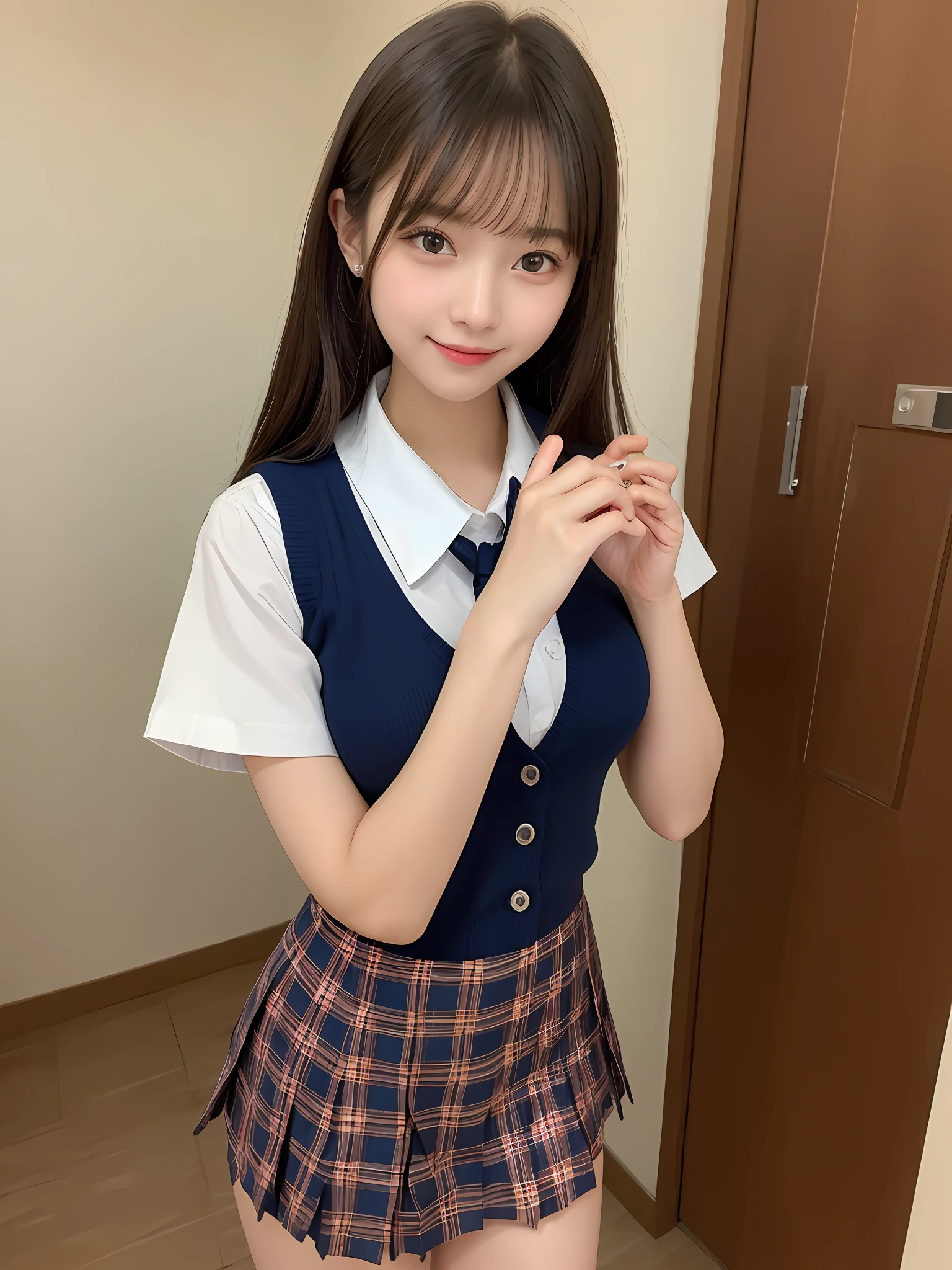 top-quality, masterpiece, (Professional lighting without shadows), A hyper-realistic, Bewitching, perfect anatomia, Two girls, (Girl proudly standing in front of camera shows off high school girl uniform ribbon ties, Another girl on the other side, Bend over and stick your butt out towards the camera), ( Huge breasts:1.2), (Bright and even whitening skin without wrinkles and steps), (Bright beautiful blue eyes with long black eyelashes and red tear bags reflected light:1.5)、 (Braided half-up hair with bangs:1.2), (Her outfit is、Dress up cramped schoolgirl uniform accurately:1.3), (Proudly showing off a crimson ribbon tie from the front:1.2), (Another girl on the other side、To beautifully emphasize the proud ultra mini pleated skirt、Showing off a pose with the buttocks exposed from directly behind:1.3), (Beautiful face squinting in dazzling light:1.4), ssmile, (All clothes are thin, translucent and trifle, High quality glossy,:1.4)