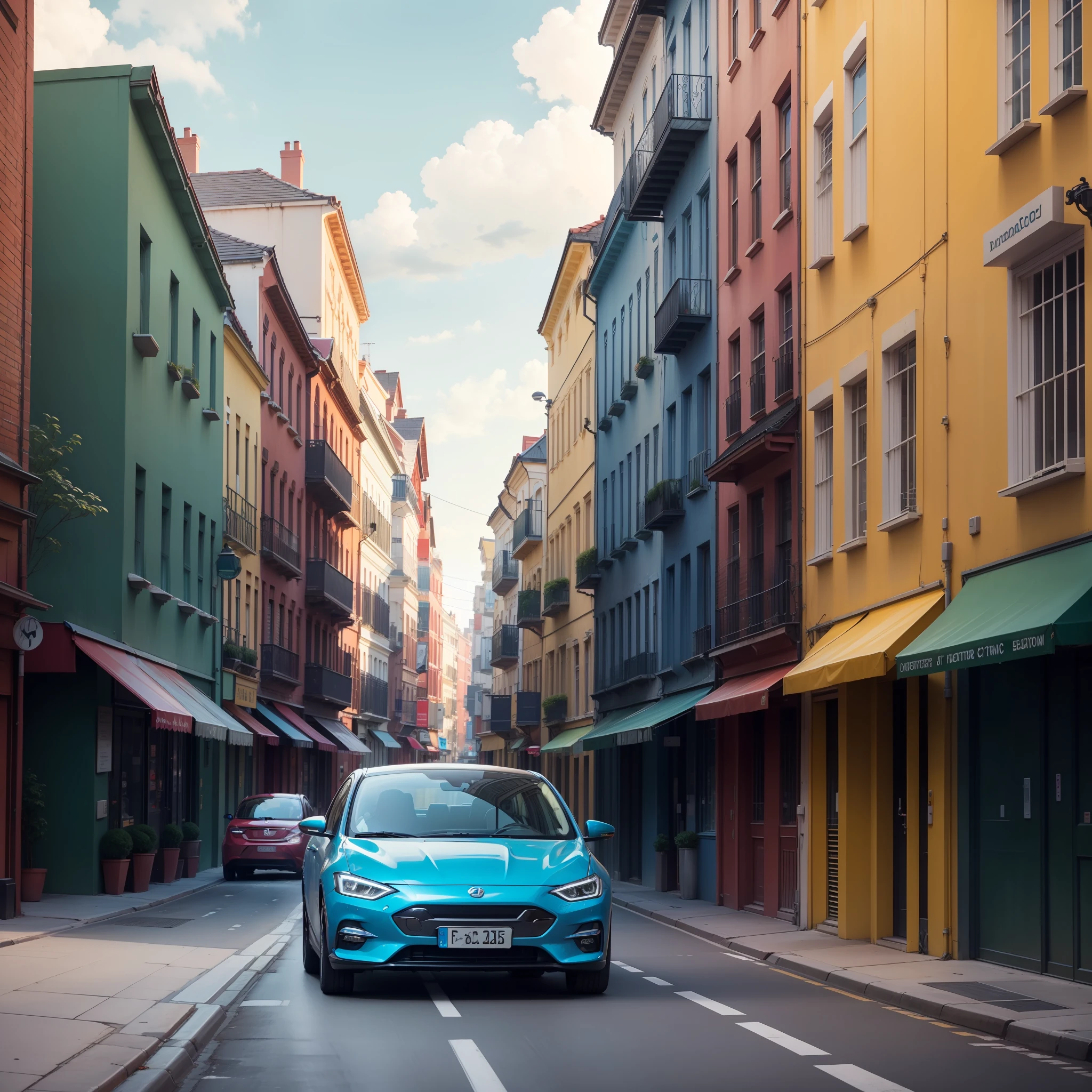 Electric cars driving through the streets、Its vibrant colors and smooth lines are、It creates a striking contrast against the background of the city