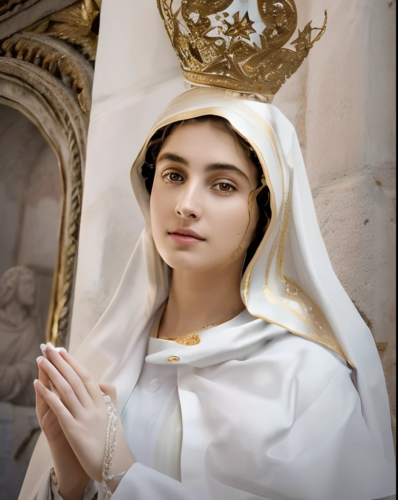 (((Saint Virgin Mary. 19 years old))) ((( Con una cara seria y piadosa. Con una mirada dulce y tierna))) (obra maestra, calidad superior, mejor calidad, arte oficial, beautiful and aesthetic: 1.2), (1girl), extremadamente detallado, (Arte fractal: 1.3), colorido, highest detailed, Cara perfecta, parte superior del cuerpo, HDR, (orando: 1.3), (golden lines of white coat: 1.2), galaxia, (rayas de luz), eye-catching visuals, (dynamic stripes, senderos luminosos: 1.2), colores vibrantes,