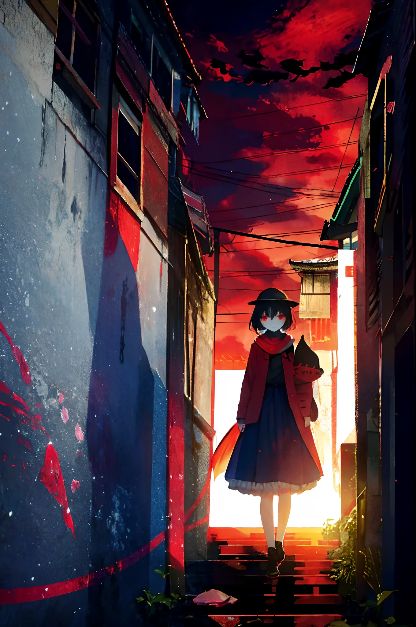 A girl walks in the dead of night。A huge bat rushed from above。Rainbow at night。Red Moon