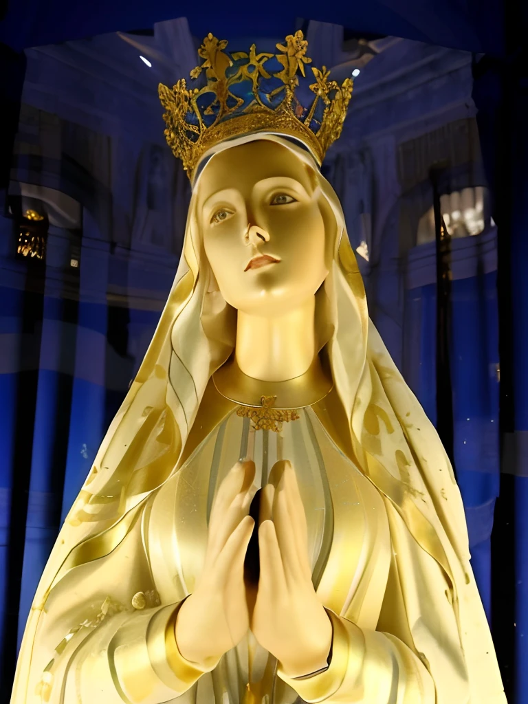 (((Saint Virgin Mary. 19 years old))) ((( Con una cara seria y piadosa. Con una mirada dulce y tierna))) (obra maestra, calidad superior, mejor calidad, arte oficial, beautiful and aesthetic: 1.2), (1girl), extremadamente detallado, (Arte fractal: 1.3), colorido, highest detailed, Cara perfecta, parte superior del cuerpo, HDR, (orando: 1.3), (golden lines of white coat: 1.2), galaxia, (rayas de luz), eye-catching visuals, (dynamic stripes, senderos luminosos: 1.2), colores vibrantes,