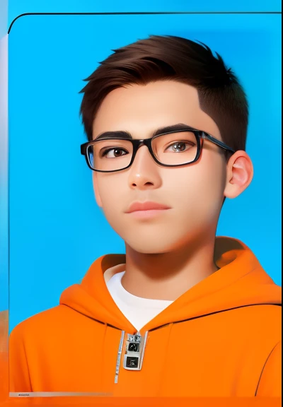 Close-up of a boy in an orange hoodie, Black square-rimmed glasses serious