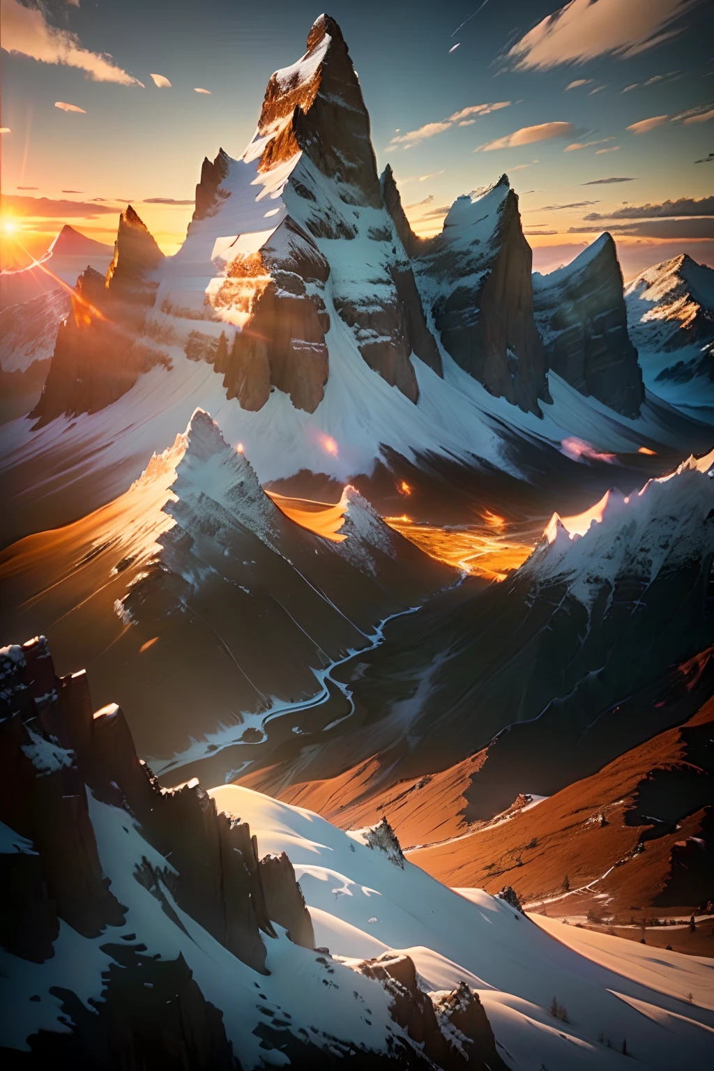 The mountains are covered in snow，Densely wooded，Sunset, mountain sunrise, last light on mountain top, ryan dyar, inspired by Michael Komarck, epic sunrise, sunrise light, log cabin beneath the alps, Sunset light, amazing wallpapers, Beautiful wallpaper, Wallpaper 4k, wallpaper 4 k, sunshine lighting high mountains, 8K stunning artwork, marc adamus
