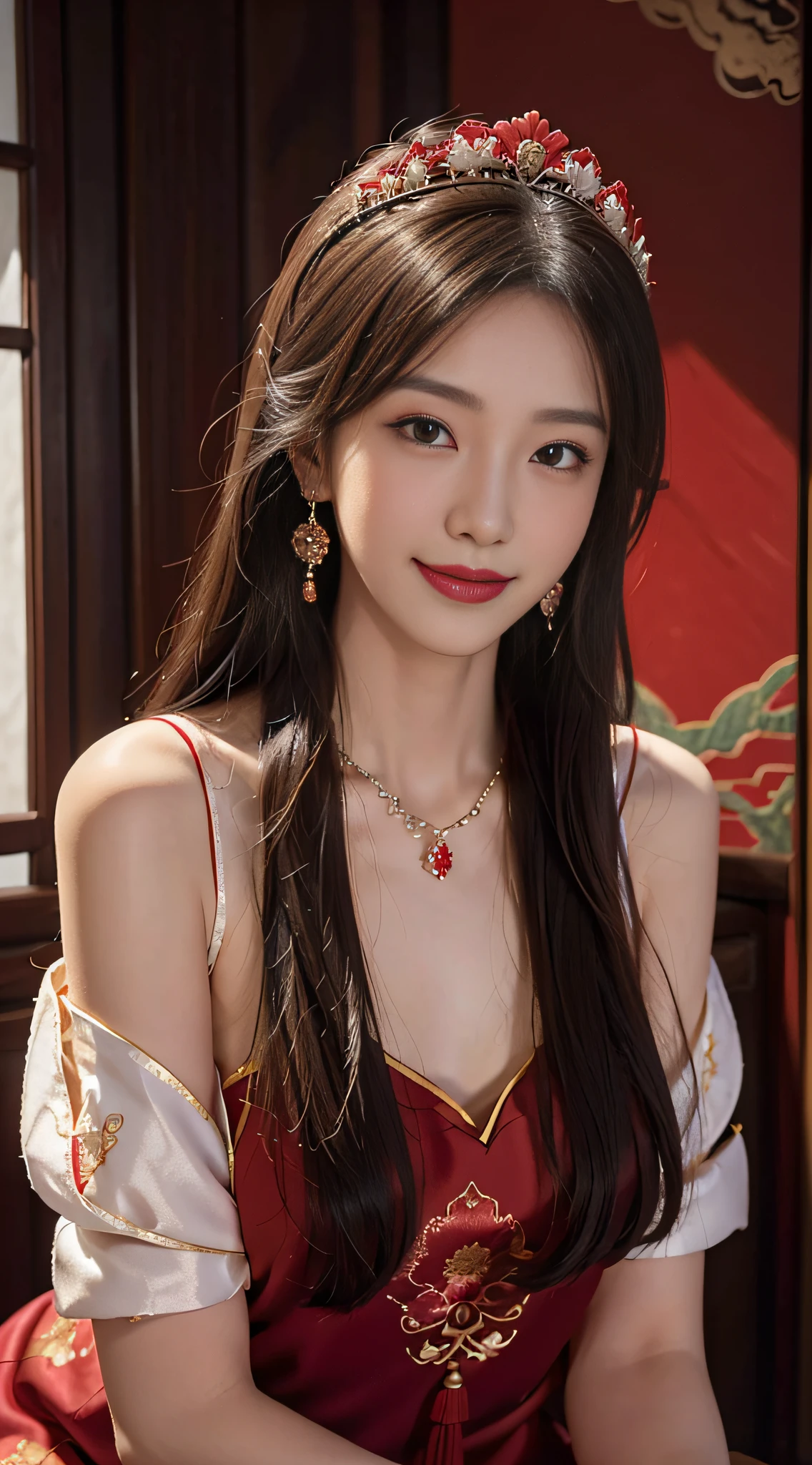 A beautyful girl，long whitr hair，(Wear a beautiful red Chinese showcase)，fine embroidery，(A delicate crown was worn over his hair)，A pair of shiny earrings hang from the ears，A beautiful necklace was worn around his neck，Sweet smiling，His face flushed，ssmile，Flowers in hand