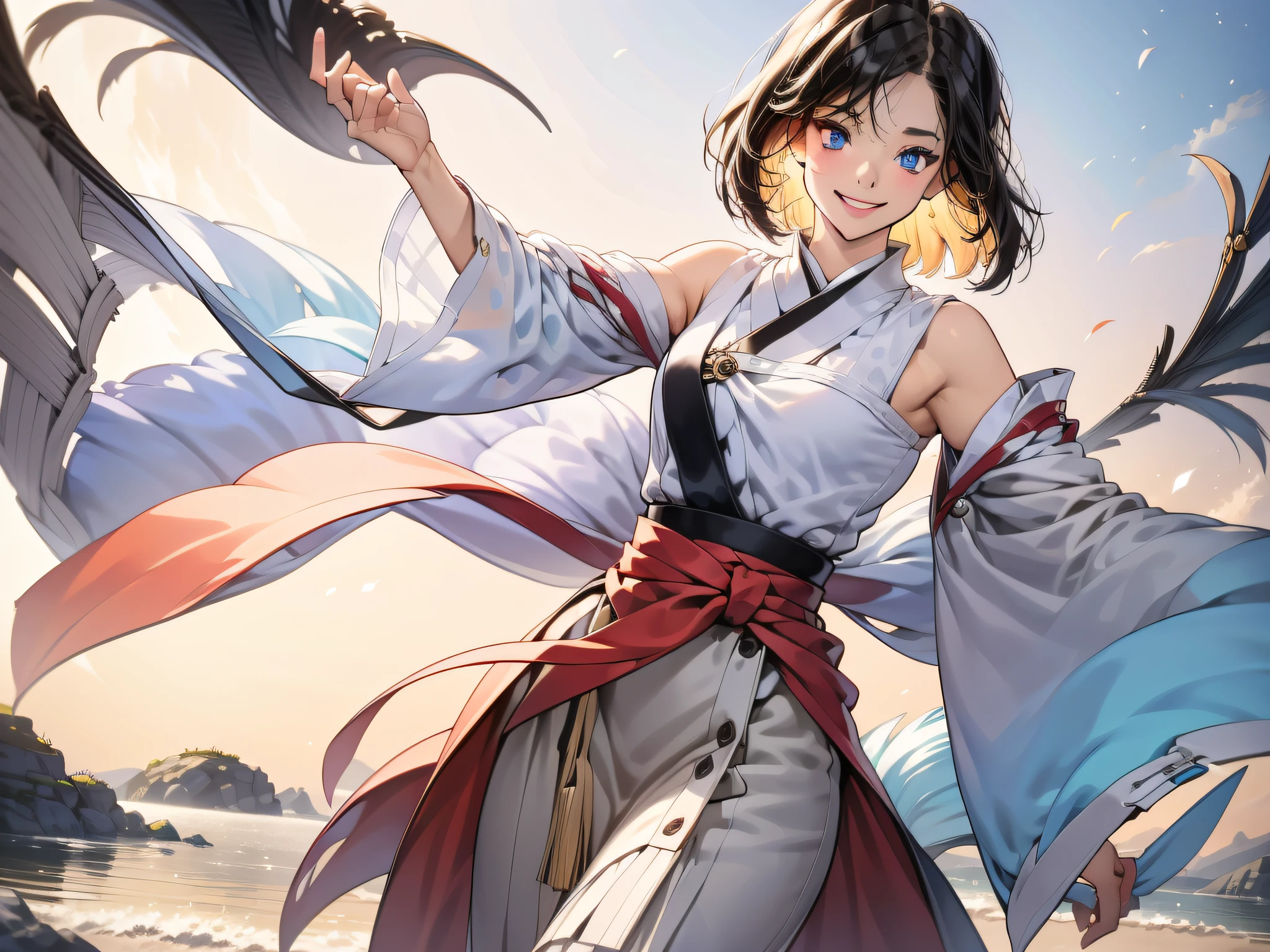 masutepiece, Best Quality, one girls, Solo，Solo, YunaFFX, Heterochromia, Short hair, YunaOutfit, hair adornments, Detached sleeves, Hakama, sash, Hakama skirt, Long skirt, Cowboy Shot, Smile, Magnificent views of the open