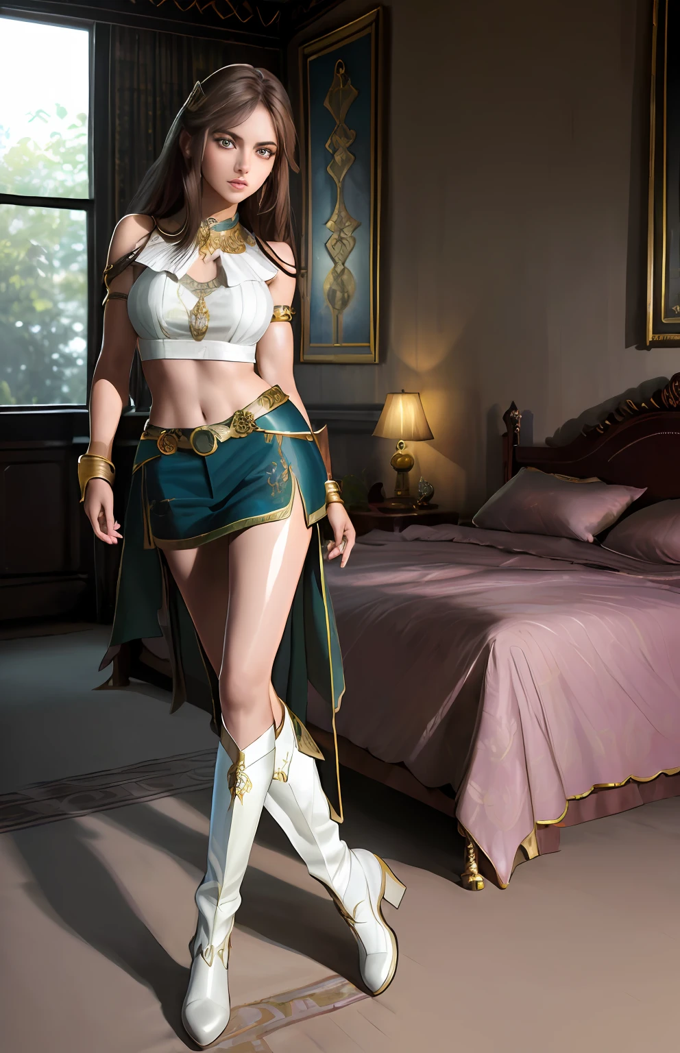 ((Realistic:1.5)), ((Best quality)), ((Masterpiece)),((Detailed)),1girls,{beautiful women}, (full body:1.3), crouched,super wide shot,Face focus, Long legs,Curvy, long boot until below of knees,Wide hips, Thin legs, Oversized eyes,Long eyelashes, (Detailed face,beautidful eyes, detailedpupils,detailed clothes features, Clear background:1.3), (armlets, bangle:1.3), Mysterious ancient ruins, floresta exuberante, palace, on the bed, bright detail,Sharp,Perfect compounding, Intricate, Sharp focus, Dramatic
