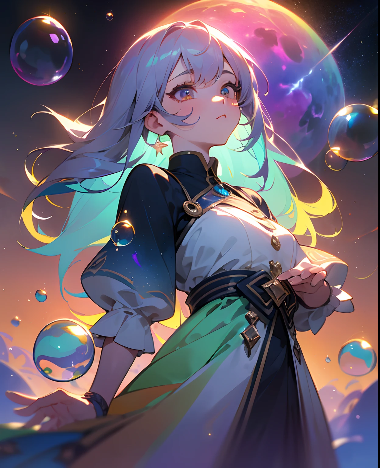 (Masterpiece), (Best Quality), (Official Art, Highly Detailed CG Unity 8k Wallpaper), (Very Detailed), (((Absurd)), 1 Girl, Midshot, (Exquisite Facial Features), (Serafuk: 1.3) ((SFW)), ((Clean Hands)), (White Neeso without shoes)), Aqua Eye, Colored Contact Lenses, Stars in the Eyes, (((((Colorful Bubbles)))), Colorful Glass, (Album cover) Vast landscape photo, (sky up, field below), girl standing in a flower field and looking up, (full moon: 1.2), (meteor: 0.9), (nebula: 1.3), distant mountains, trees BREAK craft art, (warm light: 1.2), (fireflies: 1.2), lights, lots of purple and orange, intricate details, voluminous lighting, realism BREAK (masterpiece (Best Quality), 4k, Ultra Detail, (Dynamic Composition: 1.4), Very Detailed, Colorful Details, (Rainbow Color: 1.2), (Glow Lighting, Atmospheric Lighting), Dreamy, Magical, (Solo: 1.2)
