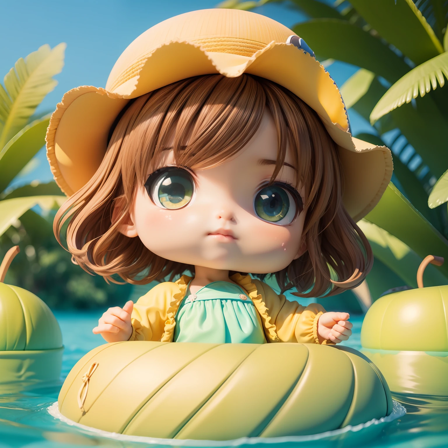 05
(((chibi 3d))) (Best Quality), (masutepiece) Chibi Anime Deformed Style,Wavy bob style with brown hair,bluish green eyes, Mimeigo swimsuit, kids, PineApple Separate Outerwear, Pants, pineapple hat, 3-piece set, halterneck, Fruit Pattern, bikini of, Swimming, frilld, Girls' swimwear, Trip, Water play, Pool, Cute,Pineapple really.Close-up Face.