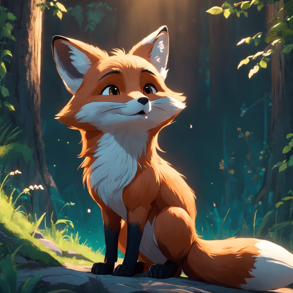 Adorable fox in Pixar movie style, usando um capuz, cinematic lighthing, Depth detection, hiper detalhada, qualidade 8k.