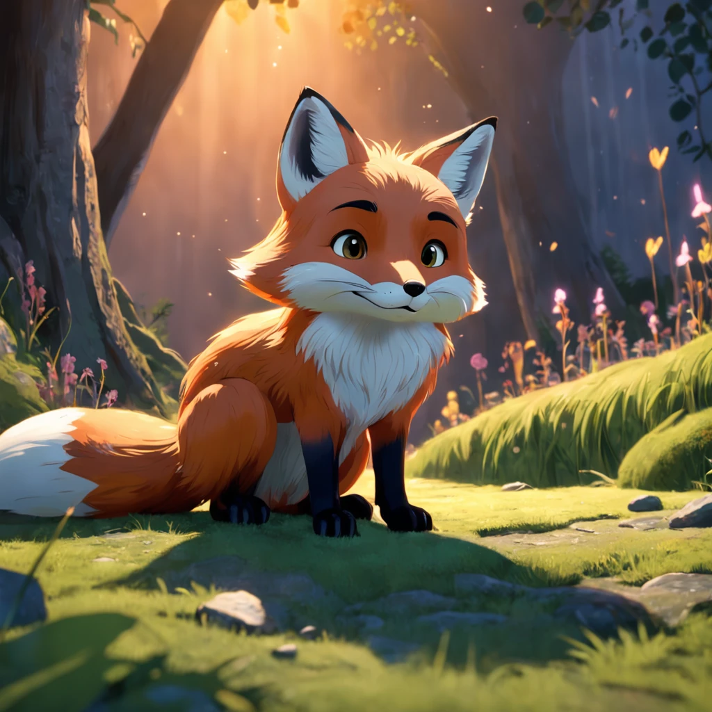 Adorable fox in Pixar movie style, usando um capuz, cinematic lighthing, Depth detection, hiper detalhada, qualidade 8k.