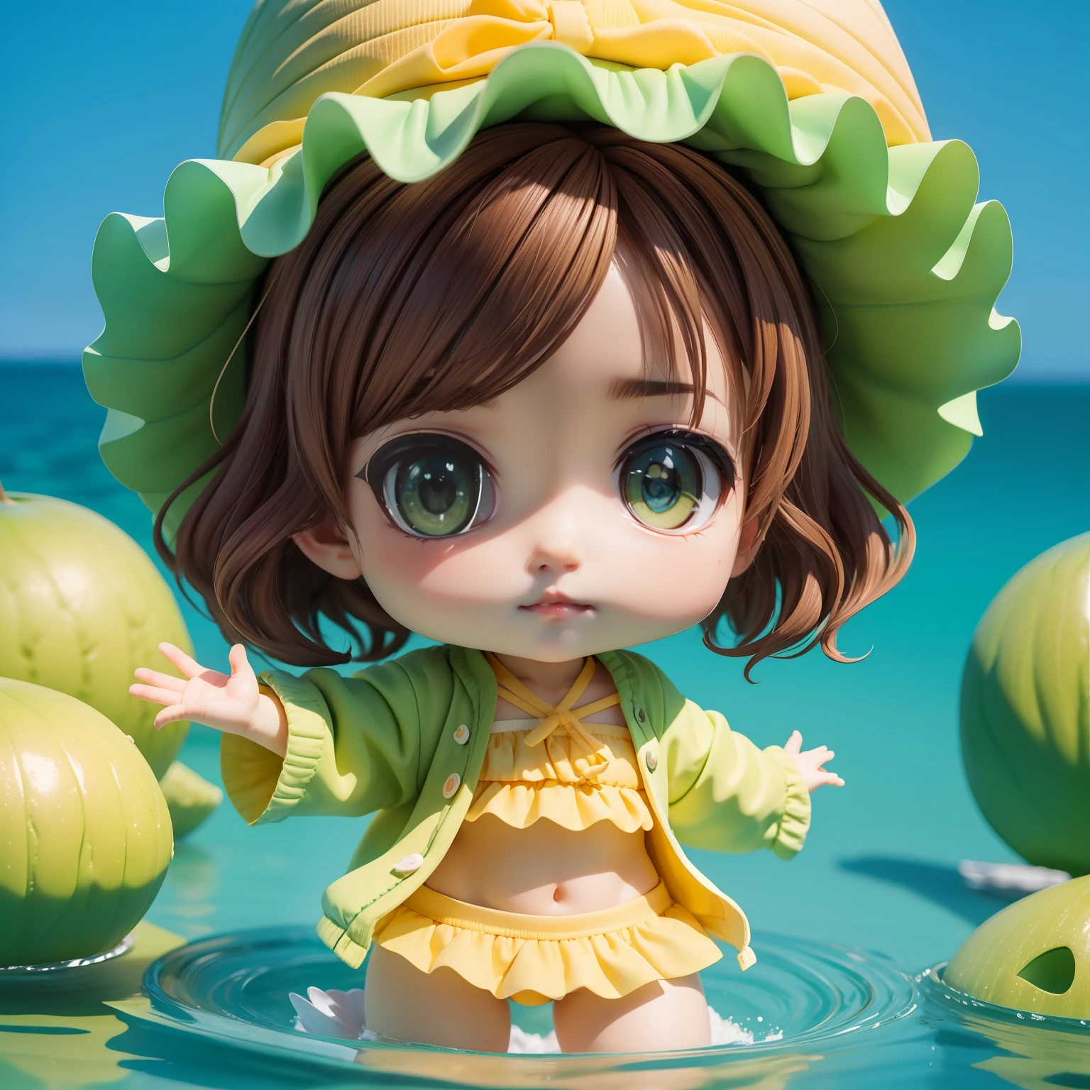 (((chibi3d))) (best quality), (masterpiece) chibi anime deformed style,Brown hair wavy bob style,bluish green eyes, Bimeigo Swimsuit, Girls, Babies, Kids, Separate Outerwear, Pants, Hat, 3-Piece Set, Halter Neck, Fruit Pattern, ??????, Swimming, Summer, Breathable, Ruffles, Girls' Swimsuit, Travel, Water Play, Pool, Cute,really pineapple.close-up face.