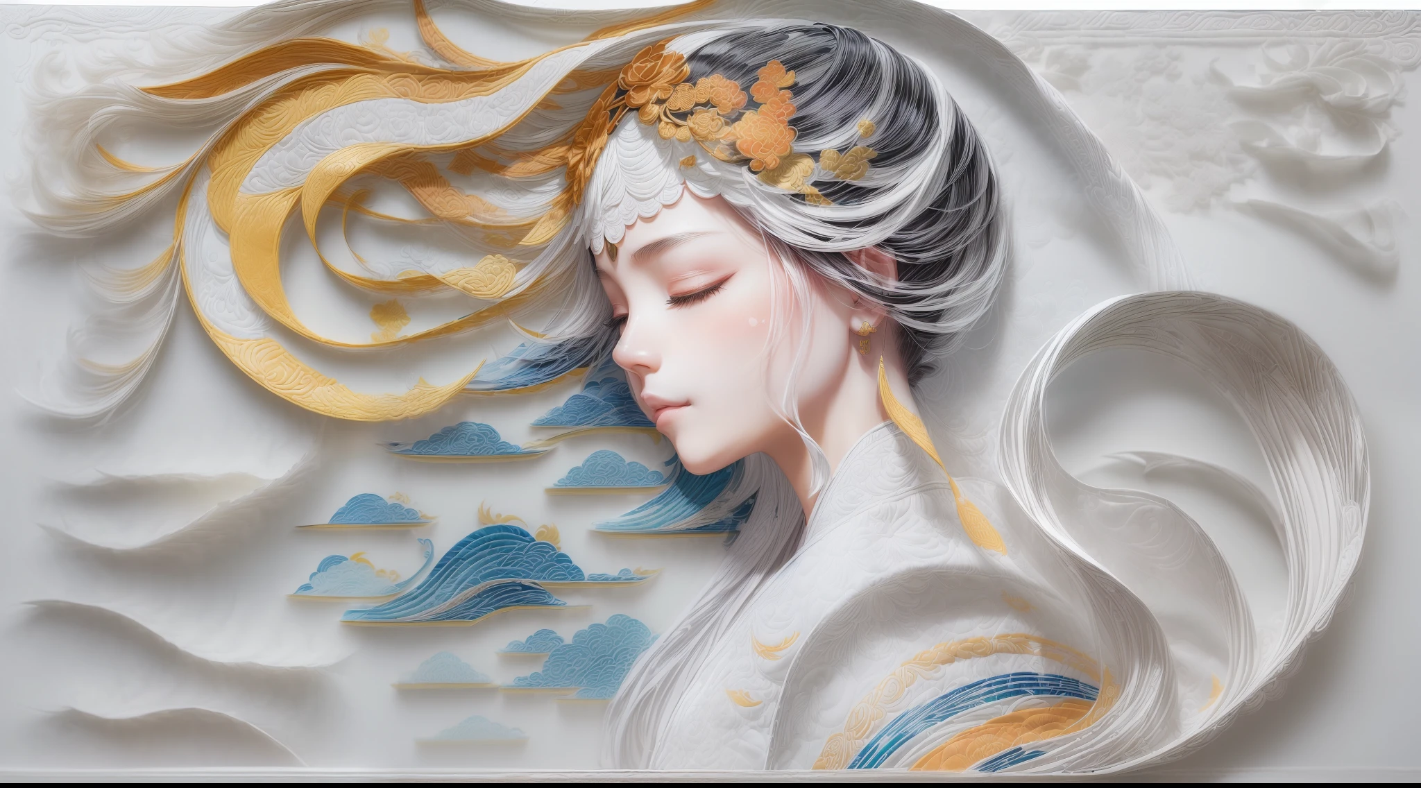 (White background:1.4),(Silhouette of a girl's head, Eyes closed, colorfull long hair, Oriental elements)，(Chinese illustration:1.3，paper art:1.3, Quilted paper art:1.2),( reasonable design, Clear lines, High sharpness,Best quality, Very detailed, Masterpiece, movie light effect, 4K )