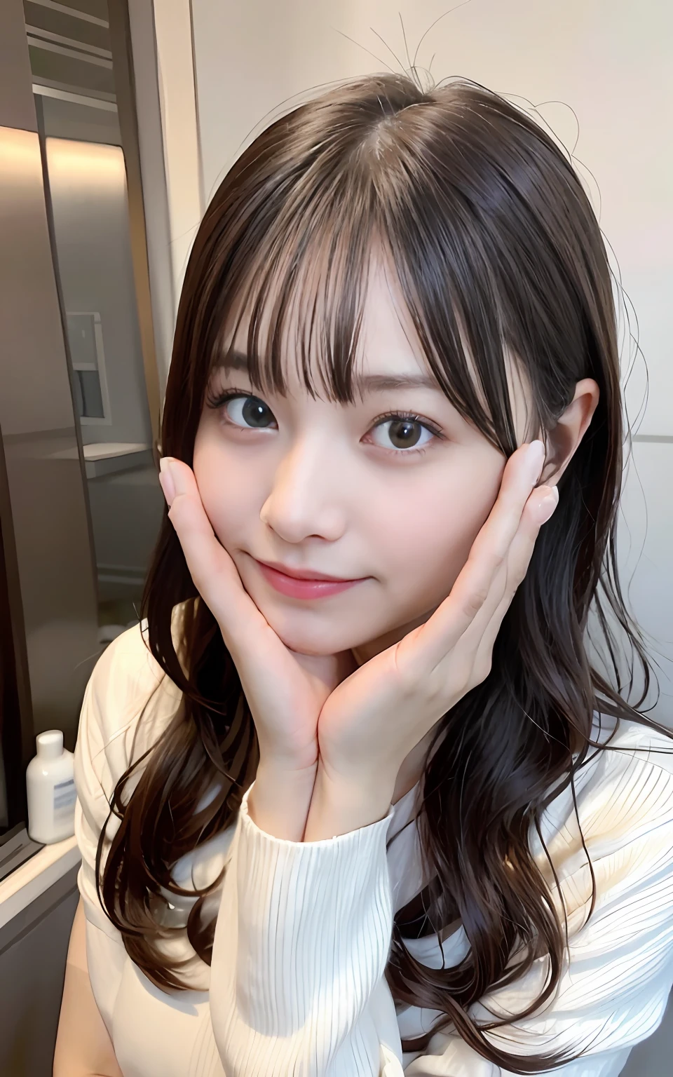 (masterpiece:1.3), (8K, Photorealistic, RAW Photos, Best image quality: 1.4), Japanese Girls、、(Random hairstyle:1.2)、(Cleavage:1.2)、Super detailed face、Eye on the details、double eyelid、Chest to chest、Sharp focus:1.2、(Cute Woman:1.4)、Light brown hair、bangs、Highest quality、Ultra-high resolution、(Photorealistic:1.4)、Highly detailed and professionally lit smiles、Loose, lightweight knitwear、thin、smile、Long Hair、Upper body portrait