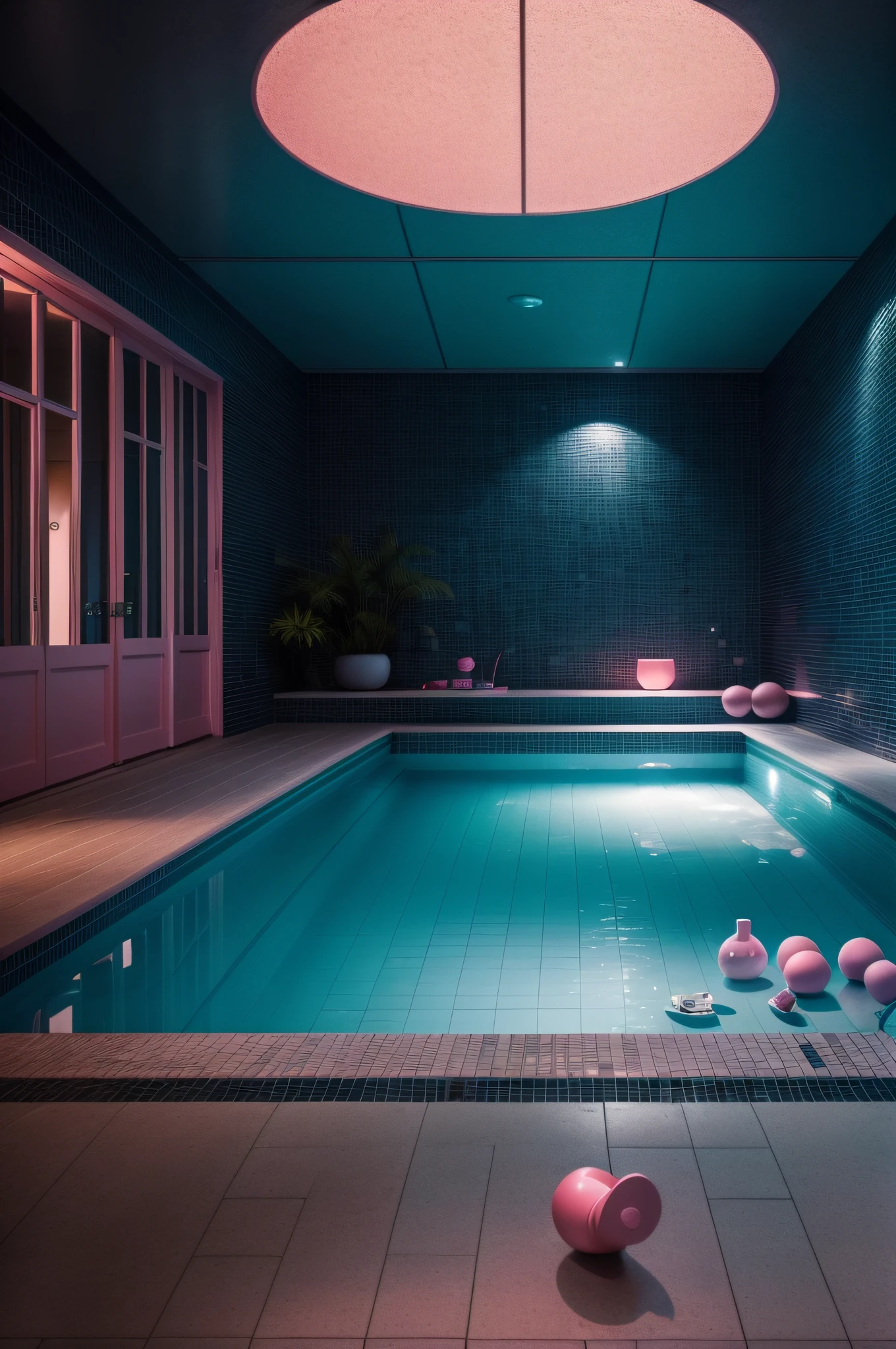 deep in the night、mid night、((Indoor swimming area、swimming pools、Wet tiles、Pink toy in the middle、Only one light))、Nostalgic but unsettling photos、Images in a dream、uneasy、horor、terrifying、desolate、Pretty dark image、Grainy photo、Film Touch、color photograph、wide angles、wide-angle lens, Wide Shot, Bokeh, wide angles, ultra wide-angle, Sony FE, Backlighting, nffsw