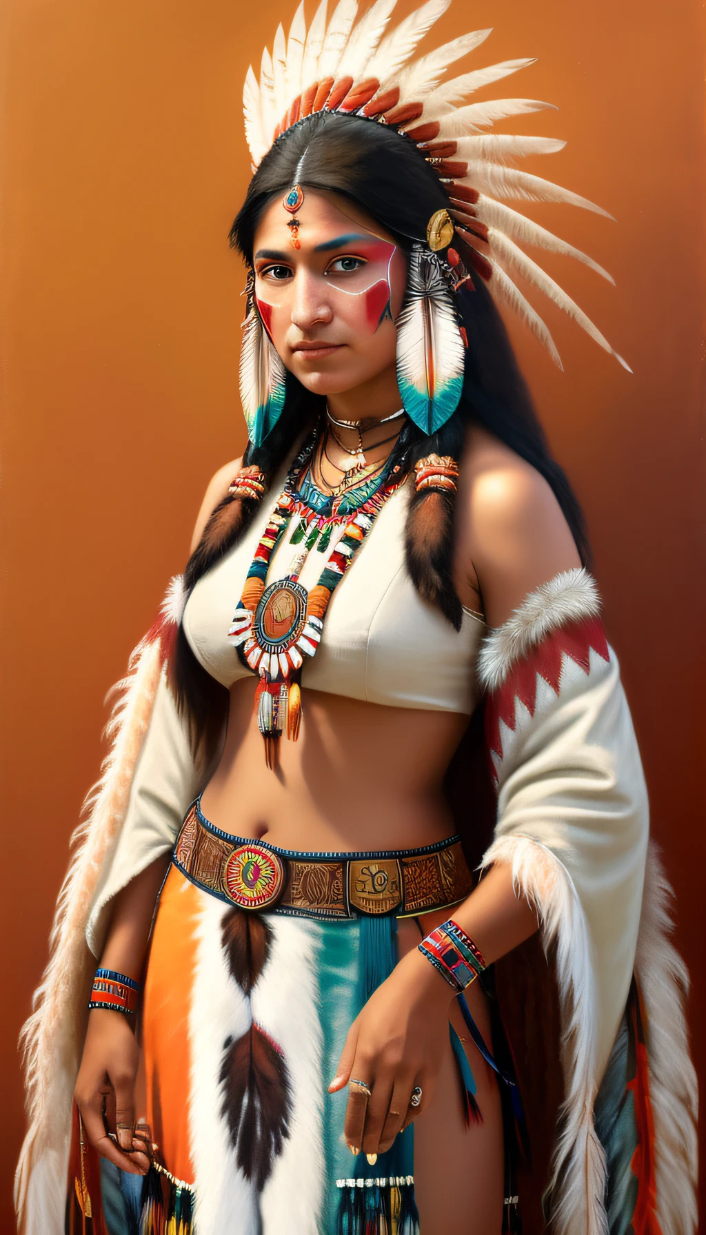 arafed woman in native dress with feathers and feathers on her head, native american, portrait of a young pocahontas, : native american shamen fantasy, native american art, indian warrior, pocahontas, native american warrior, a beautiful woman warrior, portrait of pocahontas, warrior woman, indian, north female warrior, a native american warrior, Vibrant, Clowncore, chalk art, close-up portrait, 3D rendering, Faded, Tapestry, autochrome colors, Dreamcore, sunset lighting, Hyperrealistic intricate detail, finely detailed, car interior design, Octane render, 8k