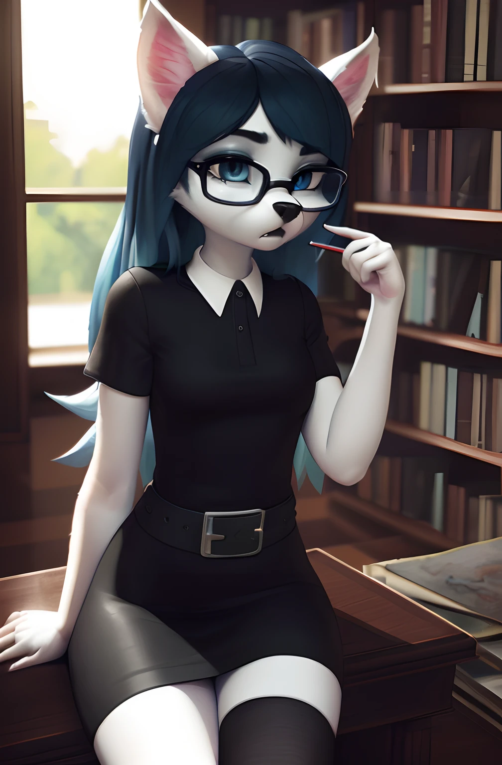[Claire (the summoning)], [Uploaded to e621.net; (Pixelsketcher), (wamudraws)], ((masterpiece)), ((1girl)), ((solo portrait)), ((full body)), ((furry; anthro)), ((detailed fur)), ((detailed shading)), ((beautiful 3D art)), {anthro; (white fur, black nose), long blue hair, (bang over left eye), dark blue slit eyes}, {(short sleeve black white-collared shirt), (tight short bodycon dress), (white belt), (silver belt buckle), (thigh-highs)}, {(on table), (1 knee up), (hands on lap), (holding up glasses on face)}, [background; (library), (bookshelf)]