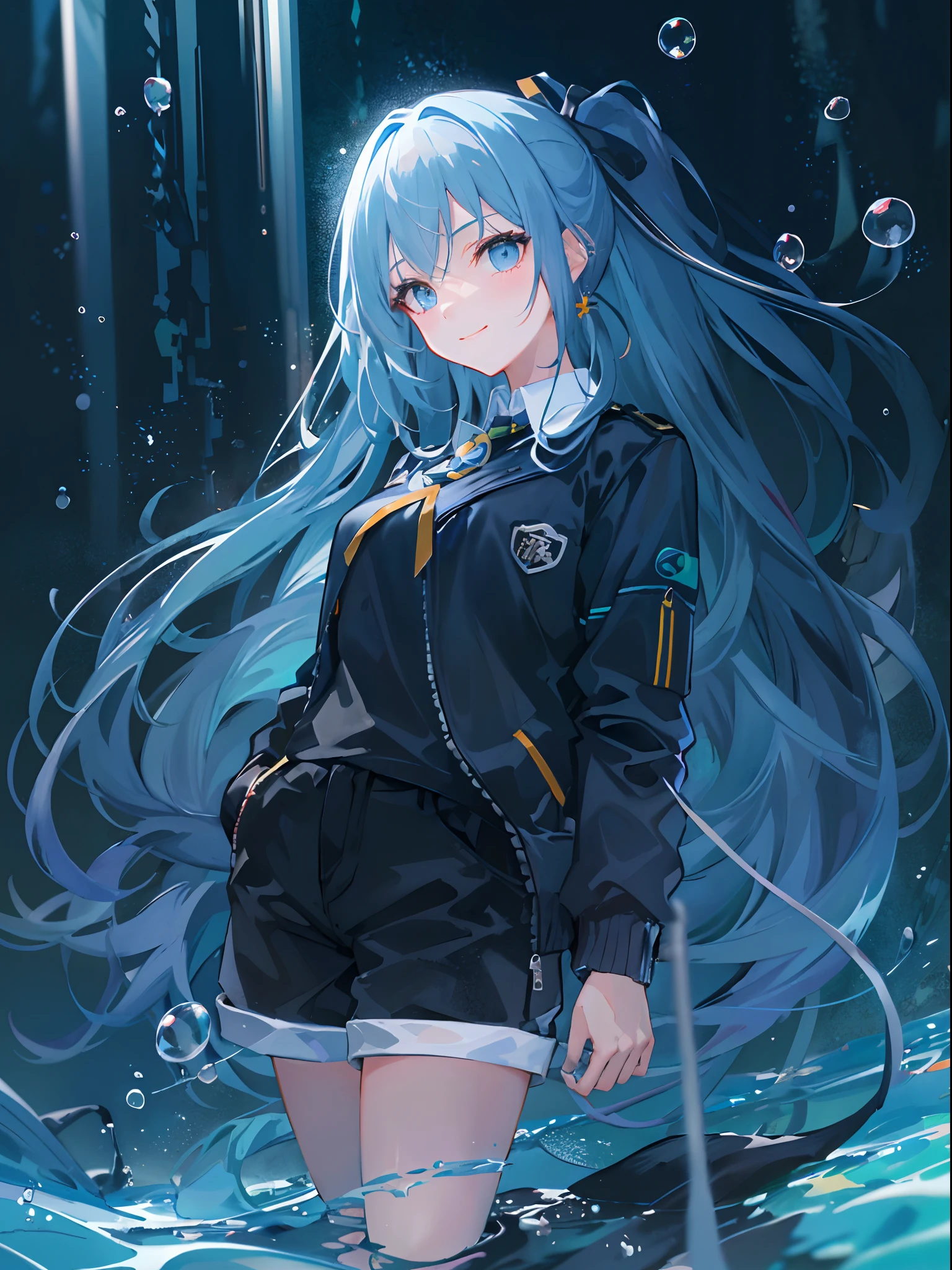 ((top-quality)), ((masterpiece)), ((ultra-detailliert)), (extremely delicate and beautiful), girl with, 独奏, cold attitude,((Black jacket)),She is very(relax)with the(Settled down)Looks,A dark-haired, depth of fields,evil smile,Bubble, under the water, Air bubble,bright light blue eyes,Inner color with black hair and light blue tips,Cold background,Bob Hair - Linear Art, shortpants、knee high socks、White uniform like school uniform、Light blue ribbon ties、Clothes are sheer、Hands in pockets、Ponytail hair、