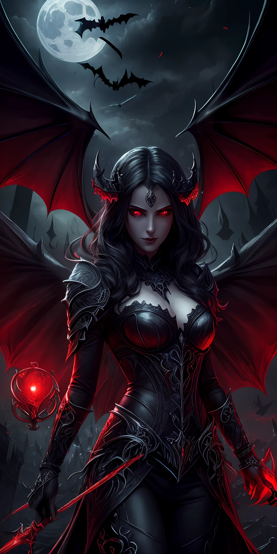 Fine, (Best Illustration), 8k Resolution, Intricate Details, Best Quality, Realistic, Ultra Detailed, Best Lighting, Best Shadows, Ultra HD, A Necromancer, Night, Magic, Dark Style, Vampire, Bat wings, red glowing eyes