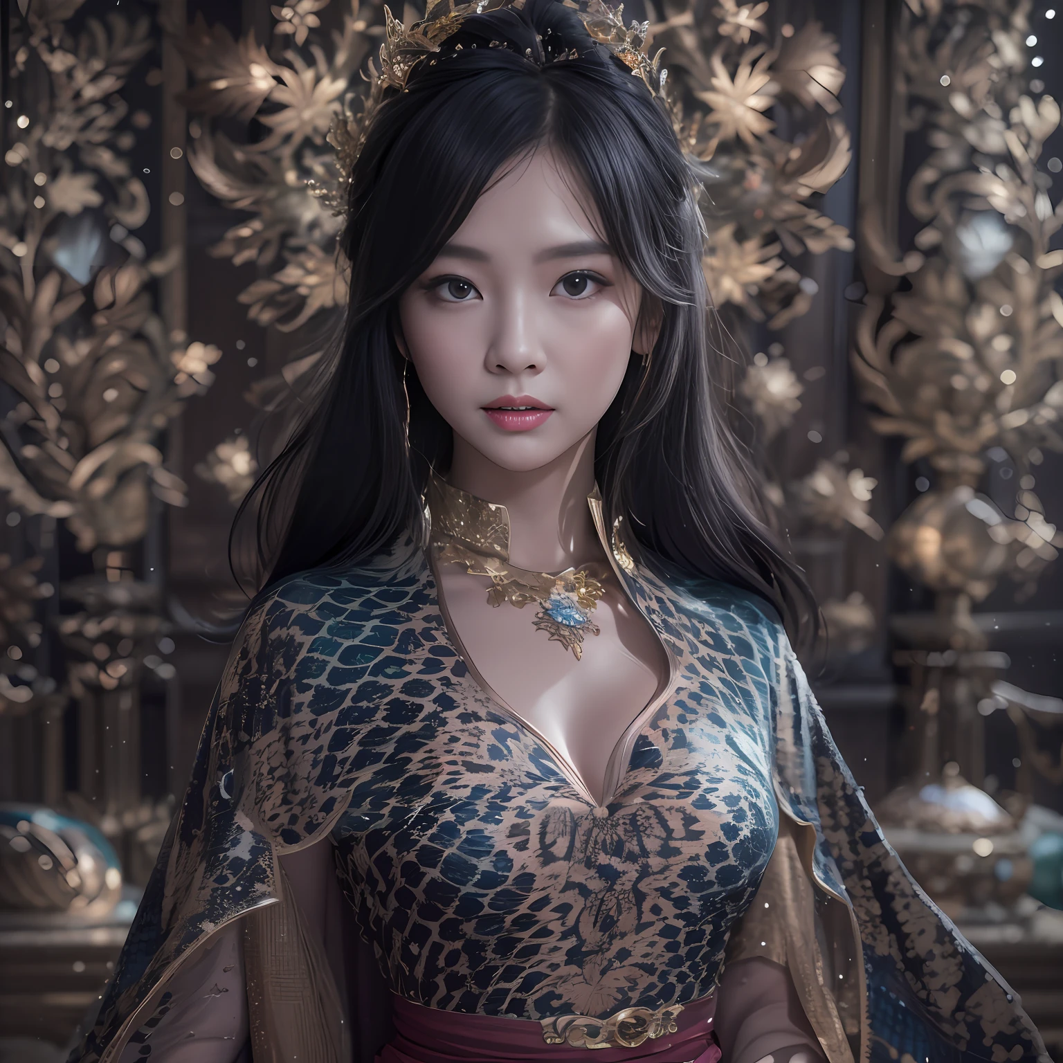 32K（tmasterpiece，k hd，hyper HD，16k）Black hair short hair，Vintage wooden train in the back room，Snowflake girl ，Protector of the Golden Dragon （realisticlying：1.4）Black hair，Python pattern robe，Purple-pink tiara，Snowflakes fluttering，Black hair，The background is pure， A high resolution， the detail， RAW photogr， Sharp Re， Nikon D850 Film Stock Photo by Jefferies Lee 4 Kodak Portra 400 Camera F1.6 shots, Rich colors, ultra-realistic vivid textures, Dramatic lighting, Unreal Engine Art Station Trend, cinestir 800，Black hair