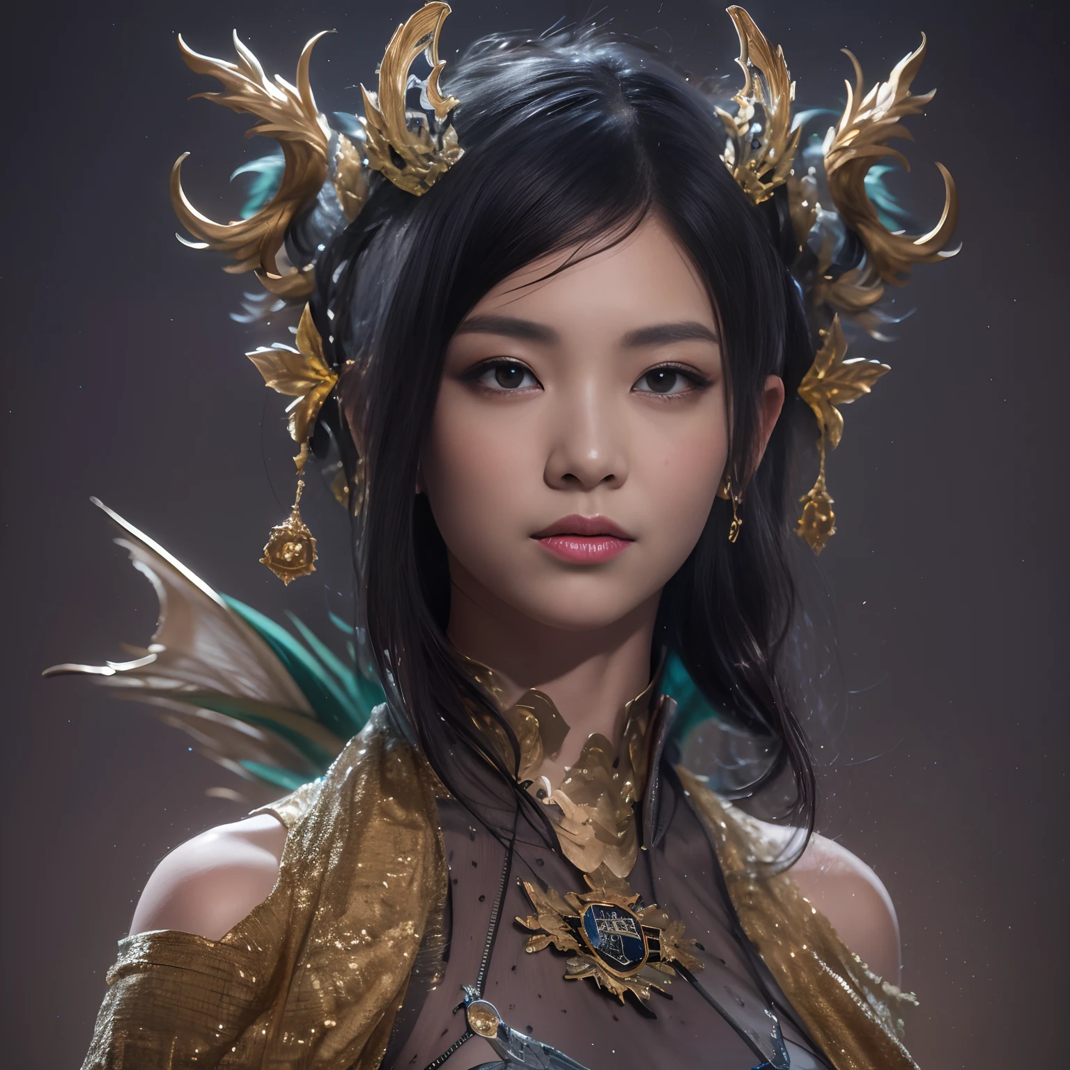 32K(tmasterpiece,k hd,hyper HD,16k)with short black hair,Canyon in the back room,Black burgundian hair girl ,Golden Dragon Protector (realisticlying:1.4),Python robe,Purple-pink tiara,Snowflakes fluttering,The background is pure, A high resolution, the detail, RAW photogr, Sharp Re, Nikon D850 Film Stock Photo by Jefferies Lee 4 Kodak Portra 400 Camera F1.6 shots, Rich colors, ultra-realistic vivid textures, Dramatic lighting, Unreal Engine Art Station Trend, cinestir 800,Close-up of the side of the half