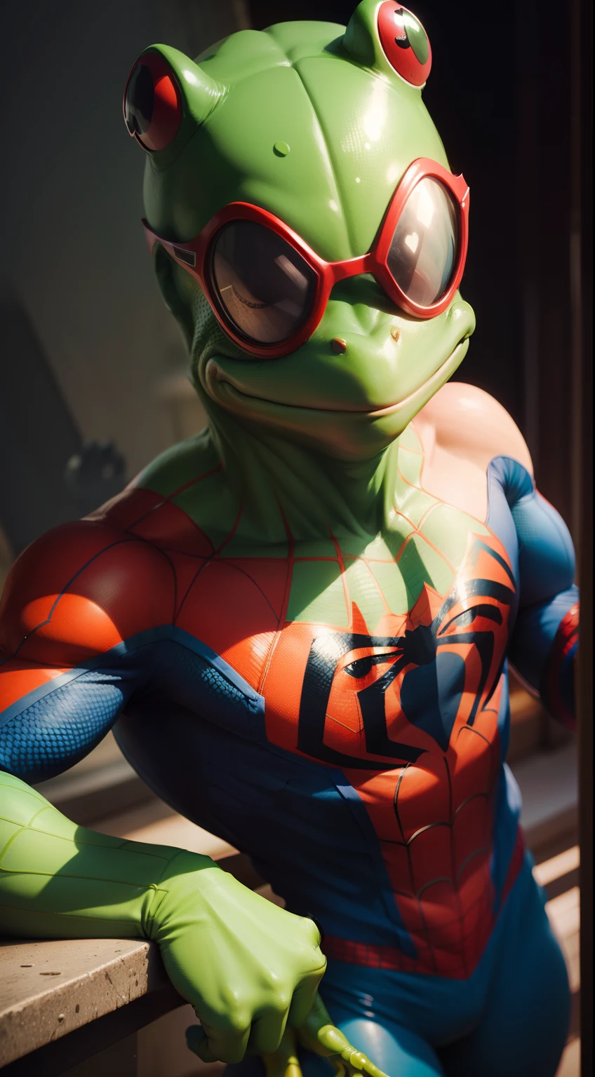 A comical frog dressed like Spiderman, sporting sunglasses, striking a human-like pose.,Hd, accuracy face and body