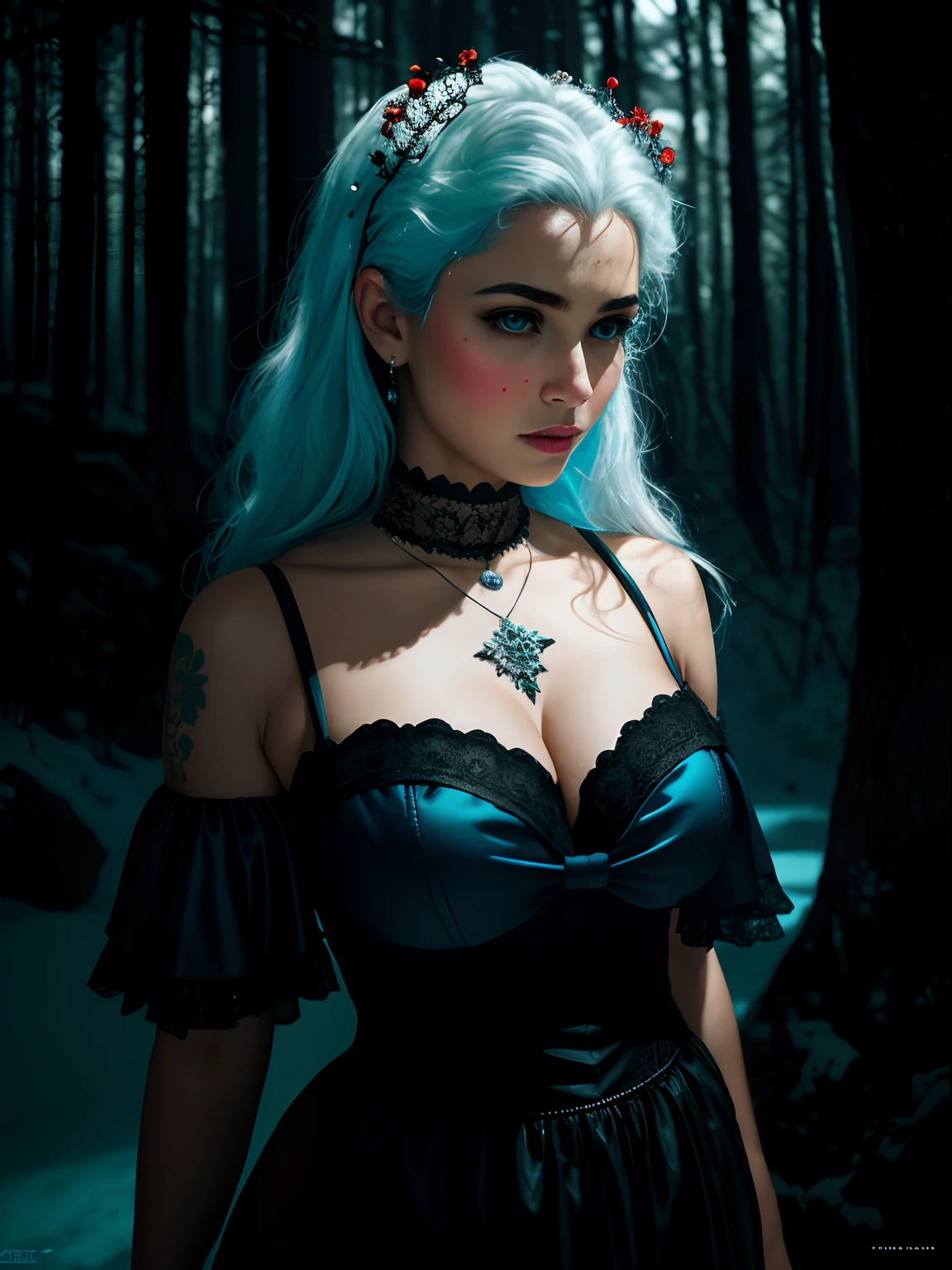 35 mm, F/2.8, insanamente hiper-detalhado e intrincado realista, Milf full-body character black-red shoulder tattoo with messy platinum hair, in a dress of ice flowers patterns of luminescent circuits that glow with an odd blue hue, a demonic black circle crown on his head, Rosto detalhado, pele detalhada, frente, fundo floresta congelada, cobrir, Deszoom, Gargantilha, pintura hiperdetalhada, Luminismo, bar lighting, Complexo, 4k resolution concept art portrait by Greg Rutkowski, Artgerm, WLOP