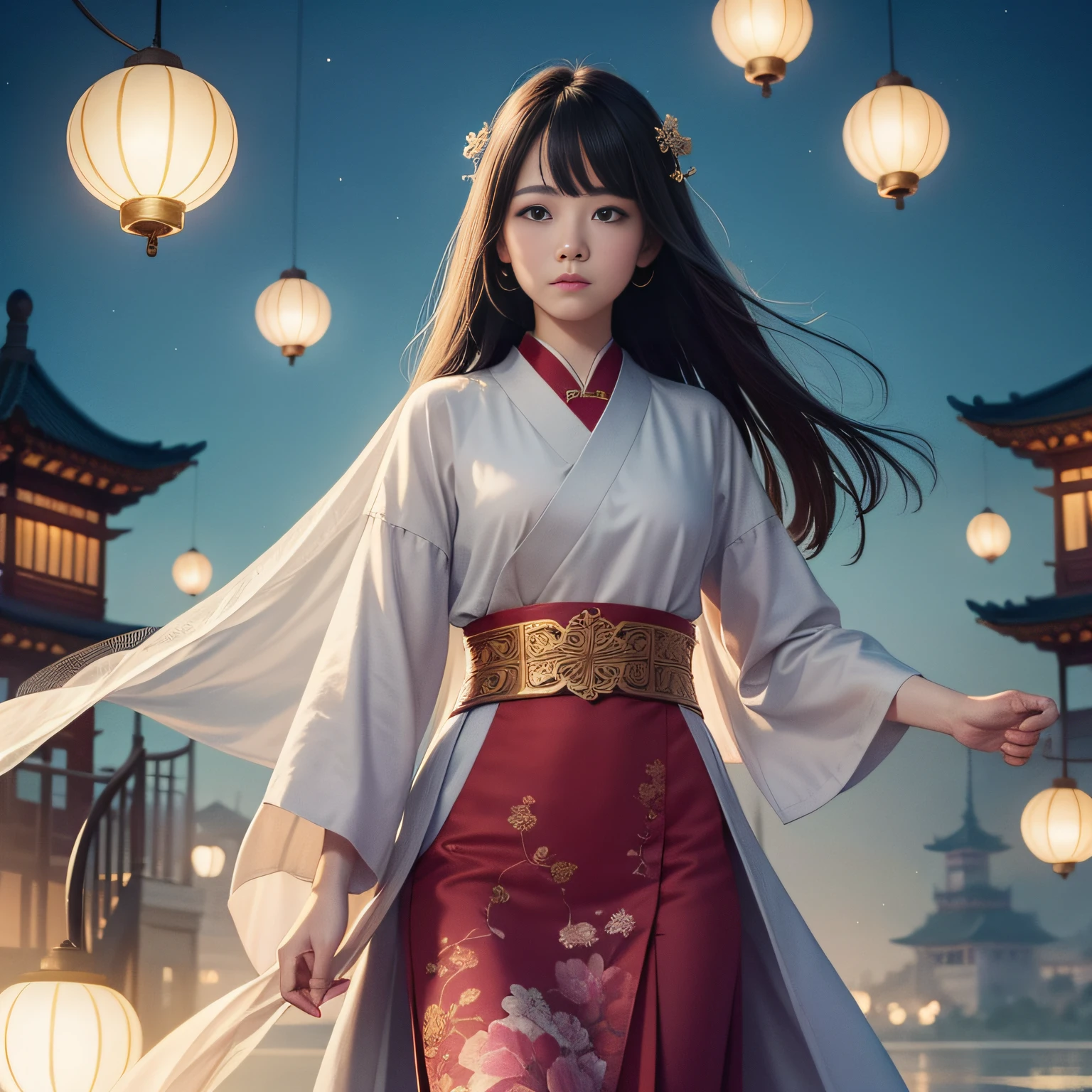Two people stood on the bridge,There are lanterns hanging in the sky, A beautiful artwork illustration, fairy-tale illustration style, dreamlike illustration, illustration!, Chinese fantasy, Fine quality illustrations, (boy girl traditional romance), 2 d illustration, 2D illustration, by Yang J, author:Qu Leilei, blurry and dreamy illustration, Digital illustration, natta, A illustration