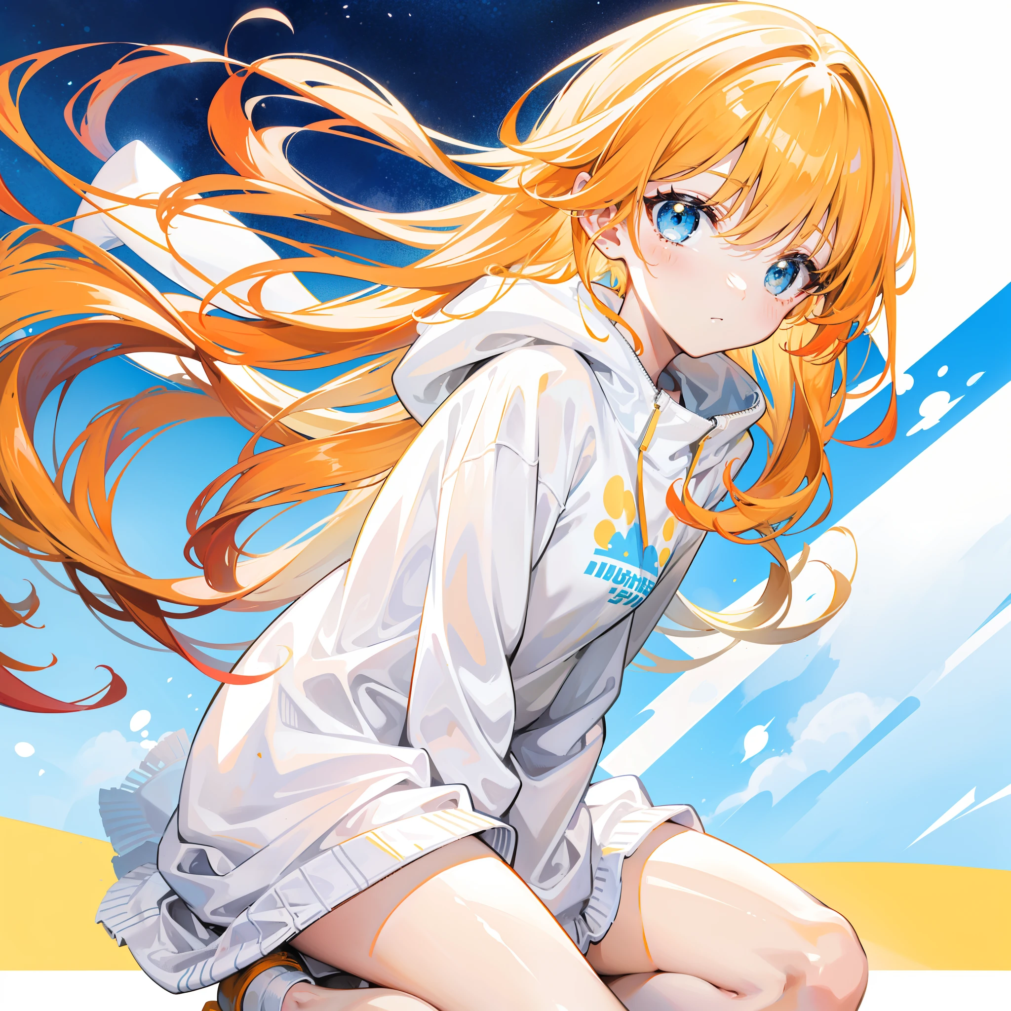 Bright shiny light yellow-orange hair，Wears a simple, Loose, Clean，White，Clean light blue sweatshirt，Milky white feeling，Looks like a cute sweet girl
