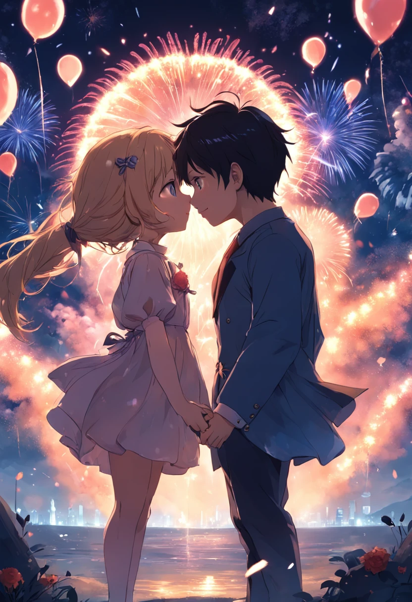 La nuit，colourfull，Fireworks everywhere in the sky，Heart-shaped bubbles，Couples of children，cartoon，A chubby little girl and boy hug each other，Lucioles rougeoyantes autour，，Mignon et mignon，ILLUSTRATION POUR ENFANTS，Effets de lueur，Effet Dingdall，profondeur de champs，High light，Real light，Ray tracing，OC rendu，hyper-realistic，beste-Qualit，8k，Works by masters，super-fin，Detailed pubic hair，anatomie correcte，mise au point nette sur les yeux，La structure du visage est raisonnable，Facial features are carefully represented