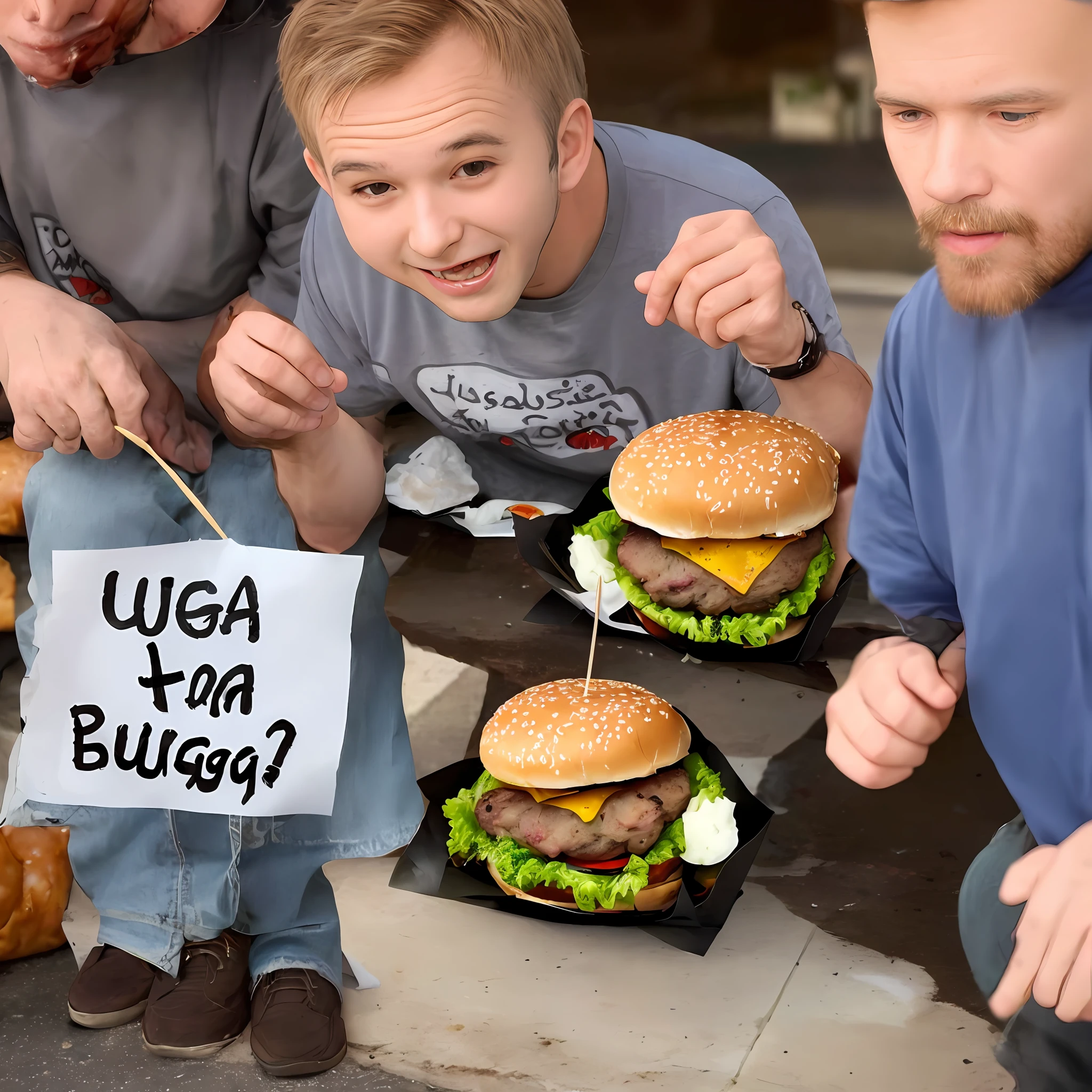 homeless eat a burger with a sign on which there is written "unga bunga"