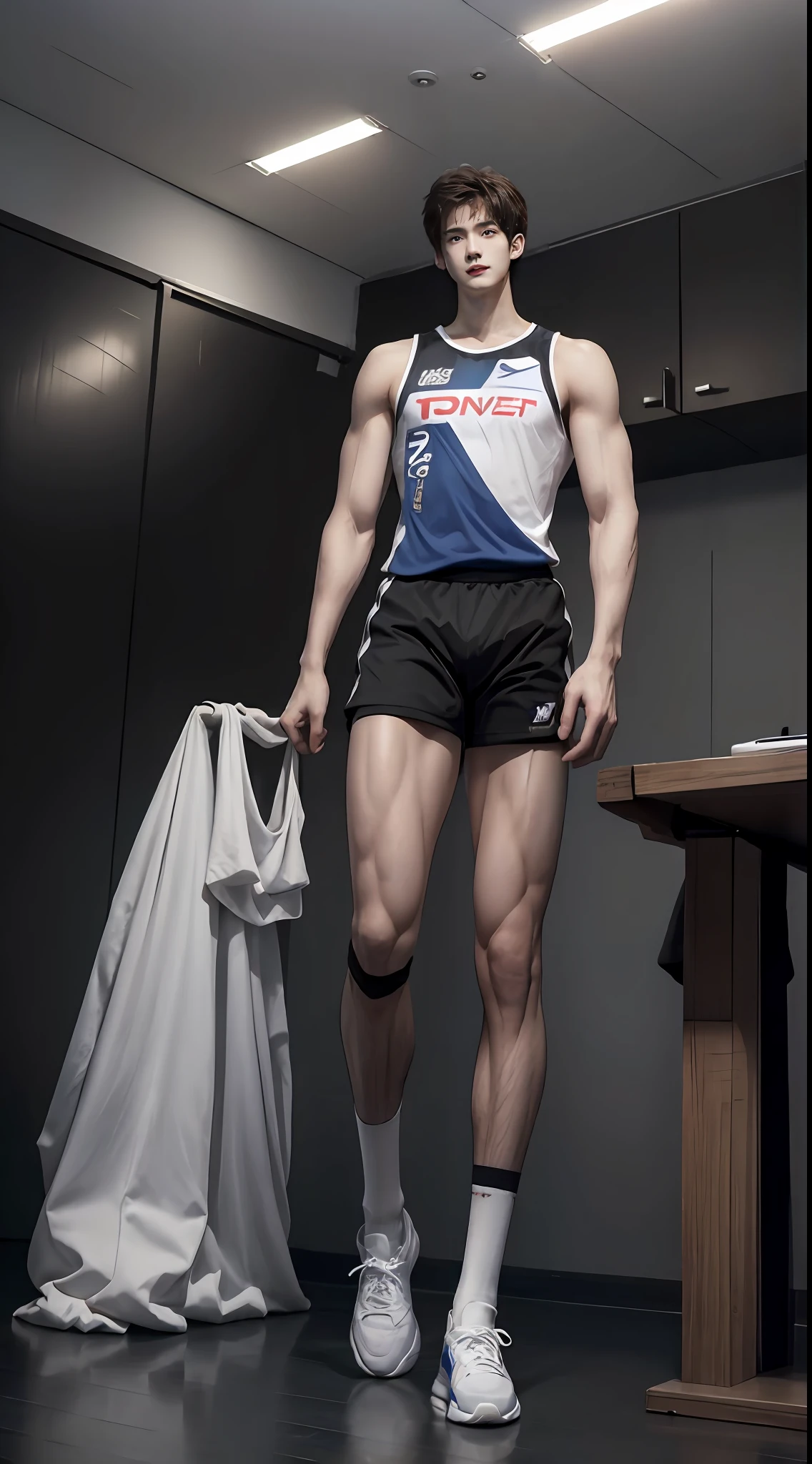 Realistic photography, Chinese athlete, handsome,musculous, (vast pecs:1.4), 18yr old,年轻, Height 188cm, full bodyesbian,In public parks,kneels on the ground,spread thighs, Big and bright eyes, thick eyebrow, Shaved hairstyle on both sides, Sleeveless blue and white football uniform, Compressed football shorts, white legwear, Black football boots