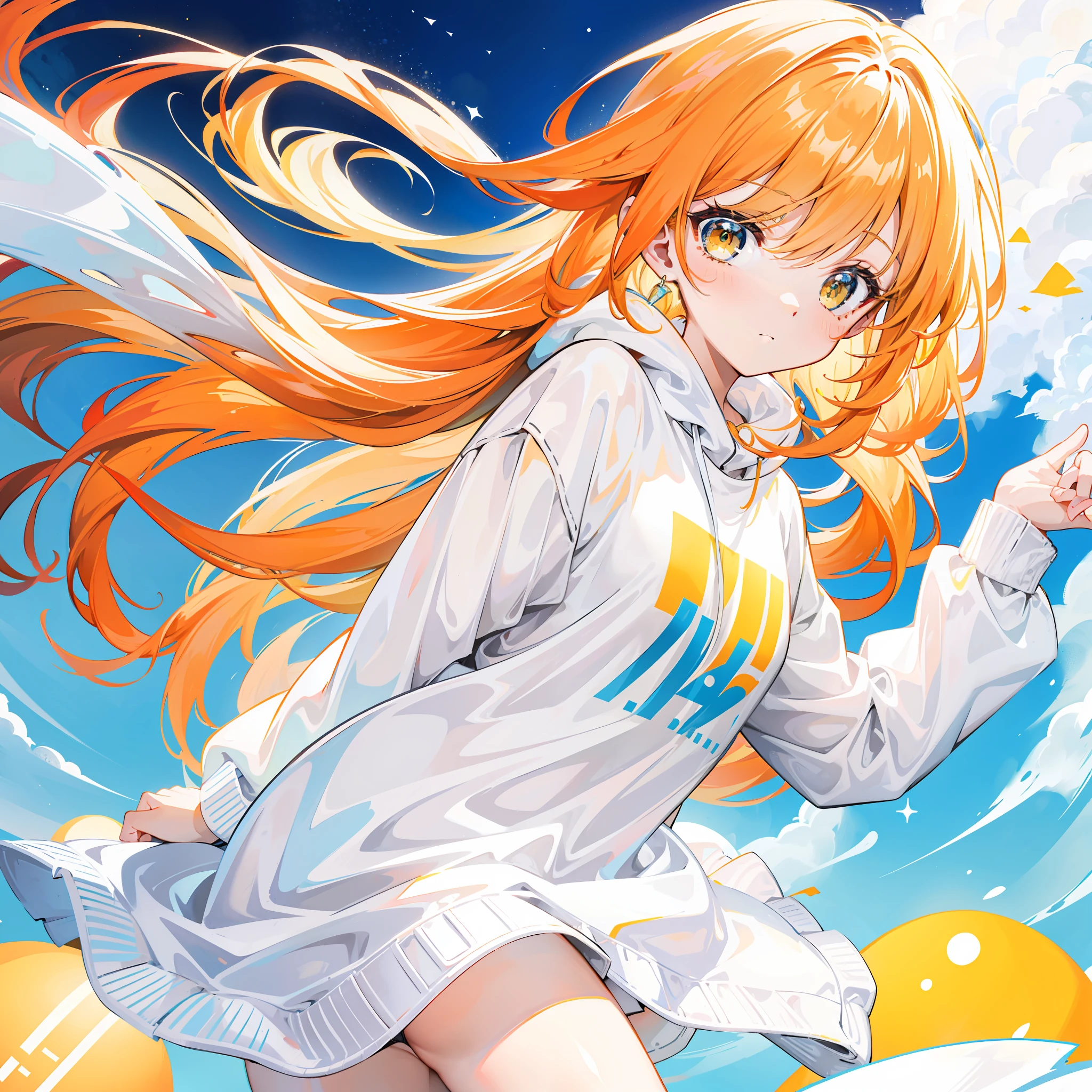 Bright shiny light yellow-orange hair,Wears a simple, Loose, Clean,White,Clean light blue sweatshirt,Milky white feeling,Looks like a cute sweet girl