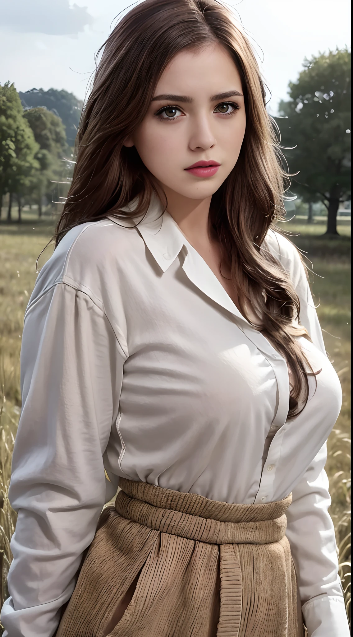 ((Realistic lighting、top-quality、8K、masterpiece:1.3))、Clear focus:1.2、1girl in、Perfect Body Beauty:1.4、Glamour body type、((dark brown hair、Colossal tits:1.4))、Street、Super fine face、finely eye、dropping eyes、long and abundant lashes、Moist eyes、big eye、thick and plump lips、二重まぶた、Specific girls、Solo Woman、Landscape of wearing a wide oversized button-down shirt as a dress on the grassland、