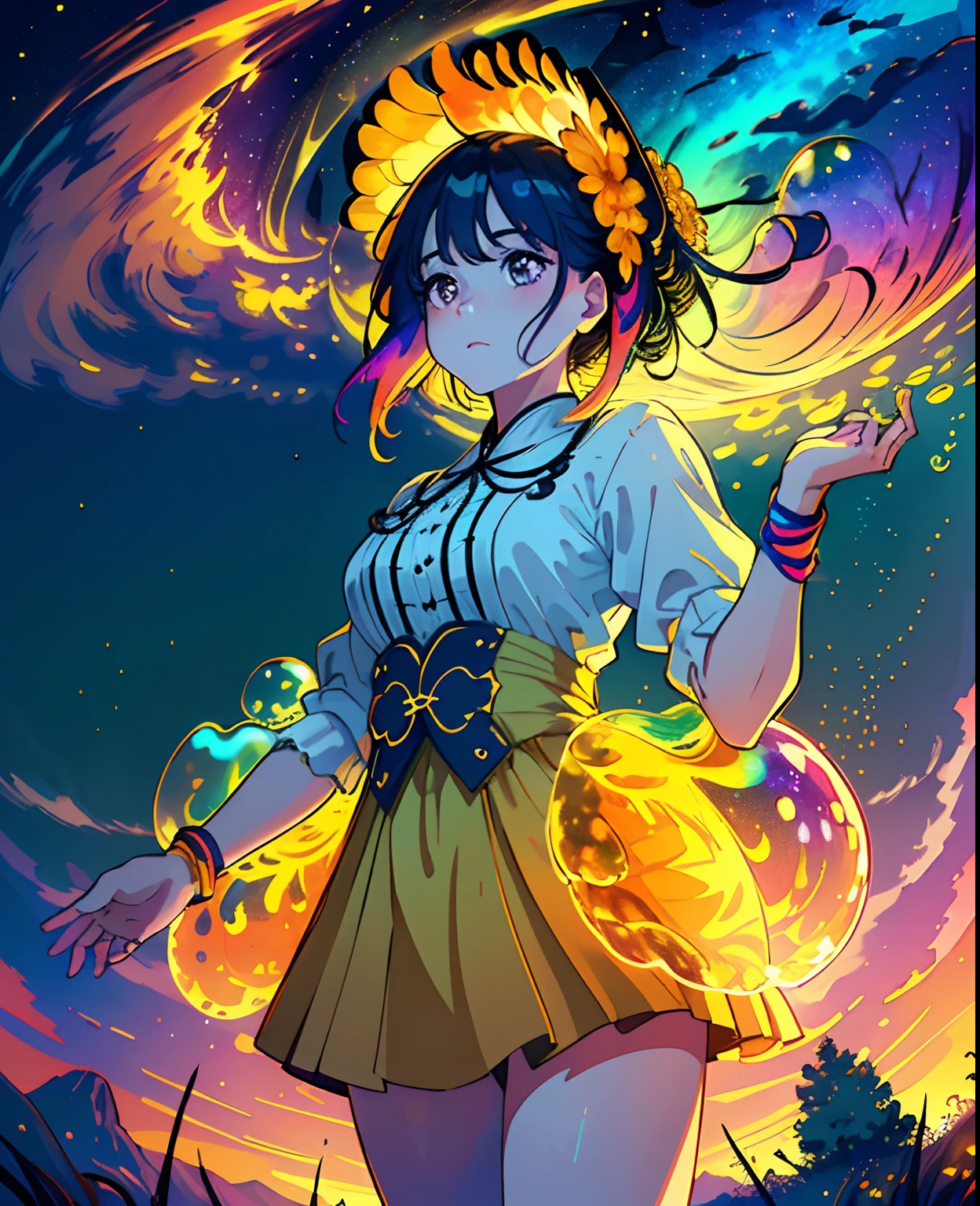 (Masterpiece), (Best Quality), (Official Art, Highly Detailed CG Unity 8k Wallpaper), (Very Detailed), (((Absurd)), 1 Girl, Midshot, (Exquisite Facial Features), (Serafuk: 1.3) ((SFW)), ((Clean Hands)), (White Neeso without shoes)), Aqua Eye, Colored Contact Lenses, Stars in the Eyes, (((((Colorful Bubbles)))), Colorful Glass, (Album cover) Vast landscape photo, (sky up, field below), girl standing in a flower field and looking up, (full moon: 1.2), (meteor: 0.9), (nebula: 1.3), distant mountains, trees BREAK craft art, (warm light: 1.2), (fireflies: 1.2), lights, lots of purple and orange, intricate details, voluminous lighting, realism BREAK (masterpiece (Best Quality), 4k, Ultra Detail, (Dynamic Composition: 1.4), Very Detailed, Colorful Details, (Rainbow Color: 1.2), (Glow Lighting, Atmospheric Lighting), Dreamy, Magical, (Solo: 1.2)