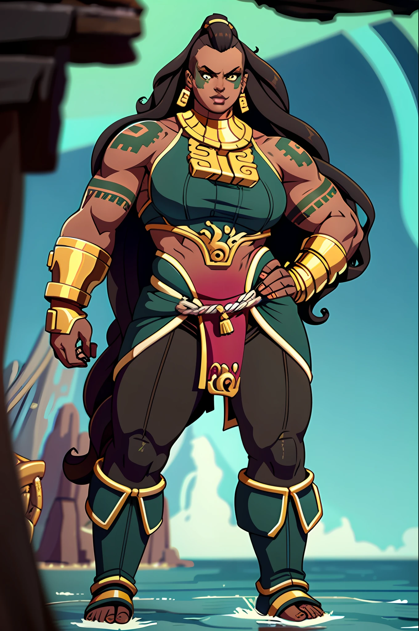 illaoi, 1girl, dark skin, long hair, muscular, solo, standing, detailed face, ultra detailed eyes, looking at viewer, cowboy shot, upper body, standing on liquid, shipwreck, (masterpiece:1.2, best quality), flipflops