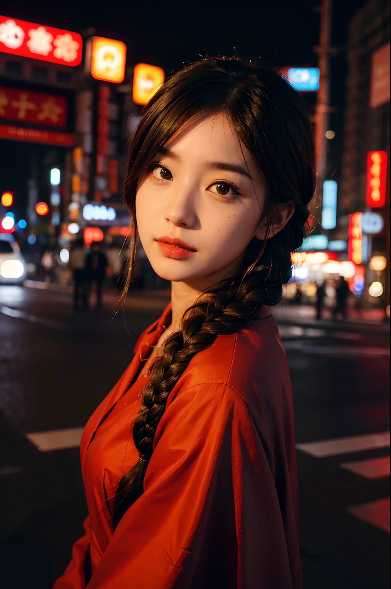 1girl, Fishtail braid, Tokyo street,night, cityscape,city lights, upper body,close-up, 8k, RAW photo, best quality, masterpiece,realistic, photo-realistic,