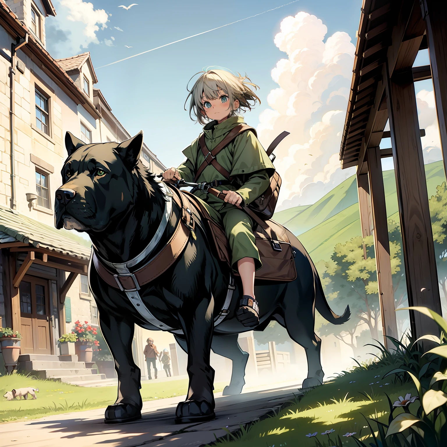 [ Small children + Big dog mastiff + Short Hair + Medieval costume + alone + Big Bag + Male ] + Green meadows + sky + coat