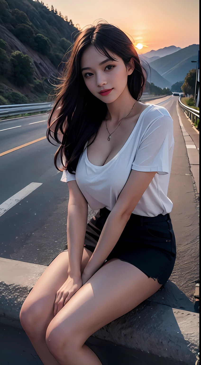 1girl seductively sitting position on middle of highway, ((sitting on middle of highway road)),((mountain valley highway)),((evening time)),(sunset evening time),mountain valley highway background, ,(big boobs) , (cleavage), (( wearing loose thin tshirt and short)),(characters play),looking to camera, (smiling),( long black hair),(perfect fingers),(perfect blue eyes),masterpiece collection,seductive  random pose,(full body closeup camera view),high resolution, highly detailed,