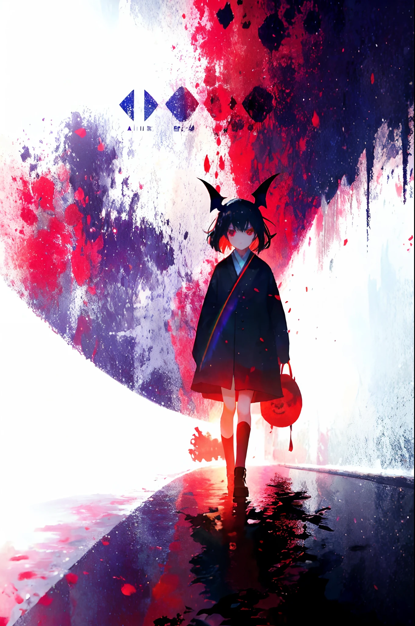 A girl walks in the dead of night。A huge bat rushed from above。Rainbow at night。Red Moon