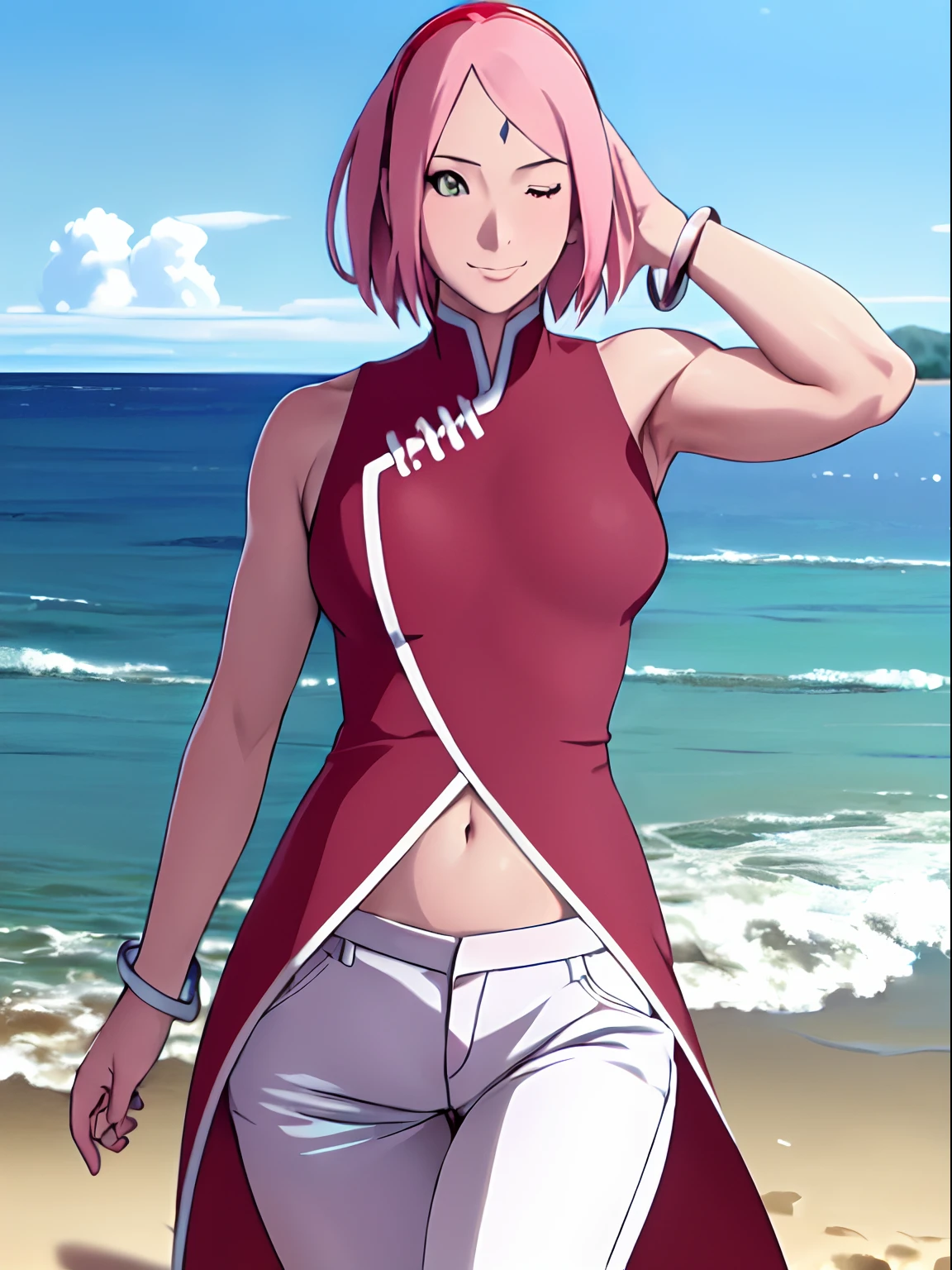 masterpiece, 4k, portrait, face shot, professional artwork, detailed beach background, intricate details, colorful, digital blending, (ultra detailed body, ultra detail hair, ultra detail face), trending on pixiv, kind smile, best quality, anime style: 1.9, 1girl, hires, haruno sakura, (forehead mark, milf, red hairband, pale skin, short hair, ((red sleeveless dress), white pants), (navel, belly button, bracelet, pink hair, closed mouth), smile, beach, wind, floating hair, detailed arms, off-shoulders, broad shoulders, slightly muscular arms, (dirty armpits, armpit pocket), standing, winking, one eye closed)