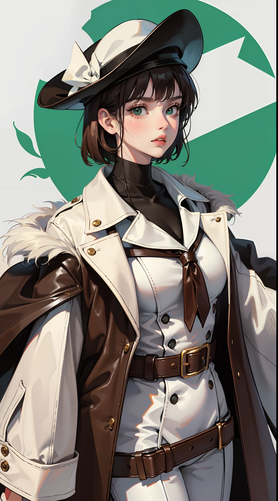 young girl, short black hair, green eyes, white mask, brown leather coat, hat, Rorshah, angry, Masterpiece, hiquality