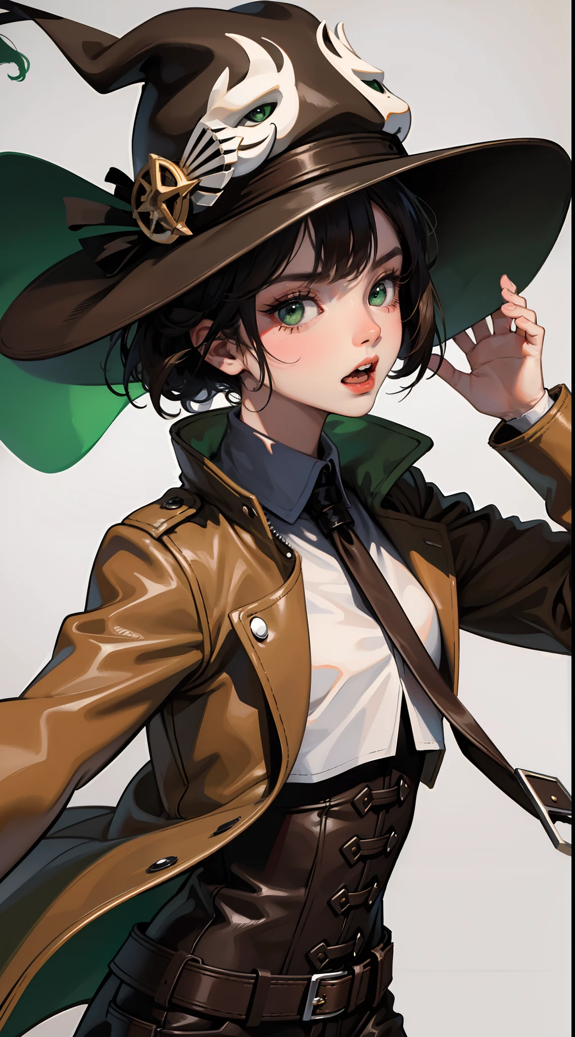young girl, short black hair, Green eyes, White Mask, brown leather coat, hat, Rorschach, angry, Masterpiece, hiquality